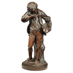 Antique Bronze Study of a Boy Collecting Fruit in His Wide Brimmed Hat