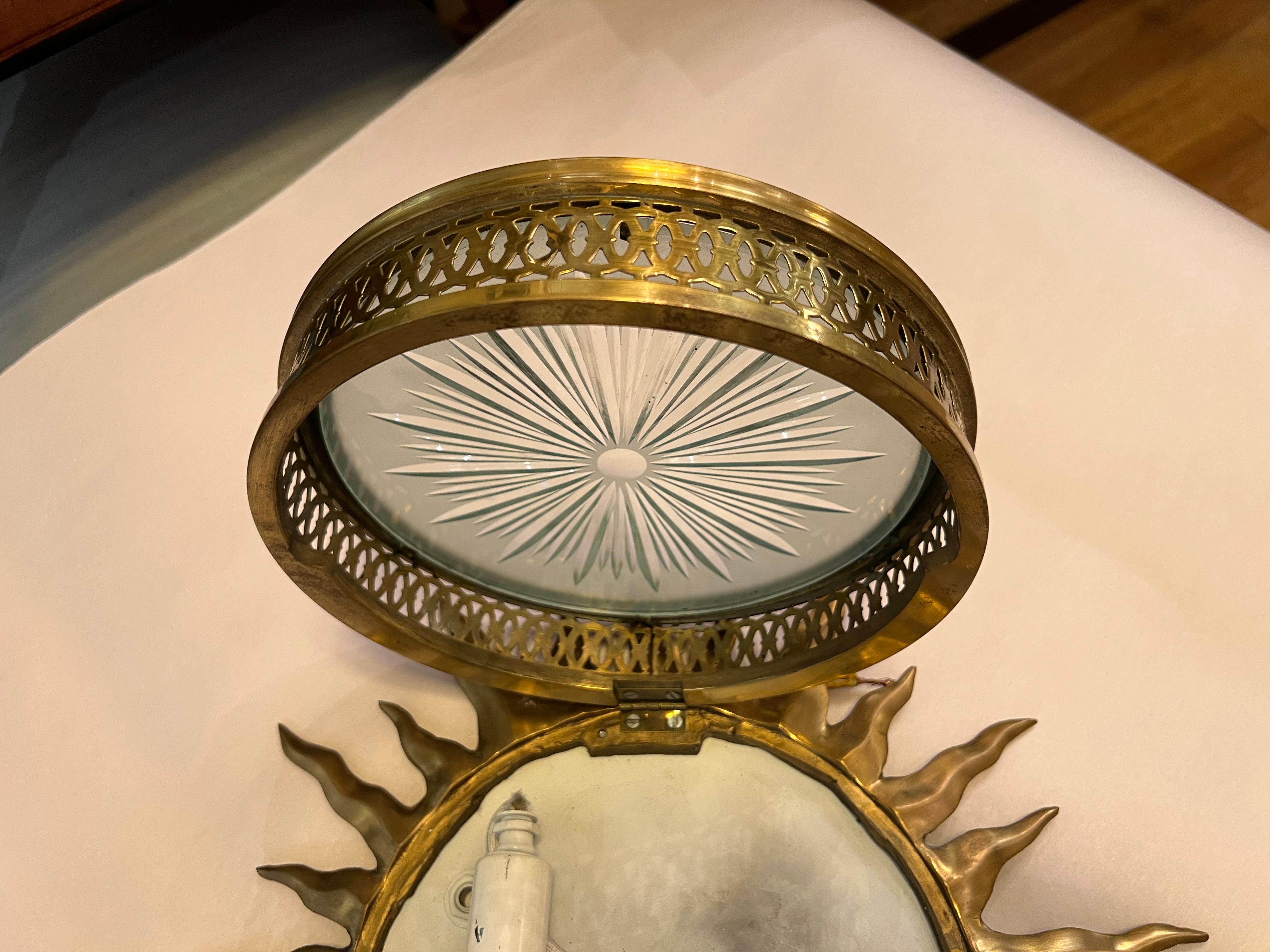 Hand-Carved A Bronze Sunburst Design Flush Mount For Sale