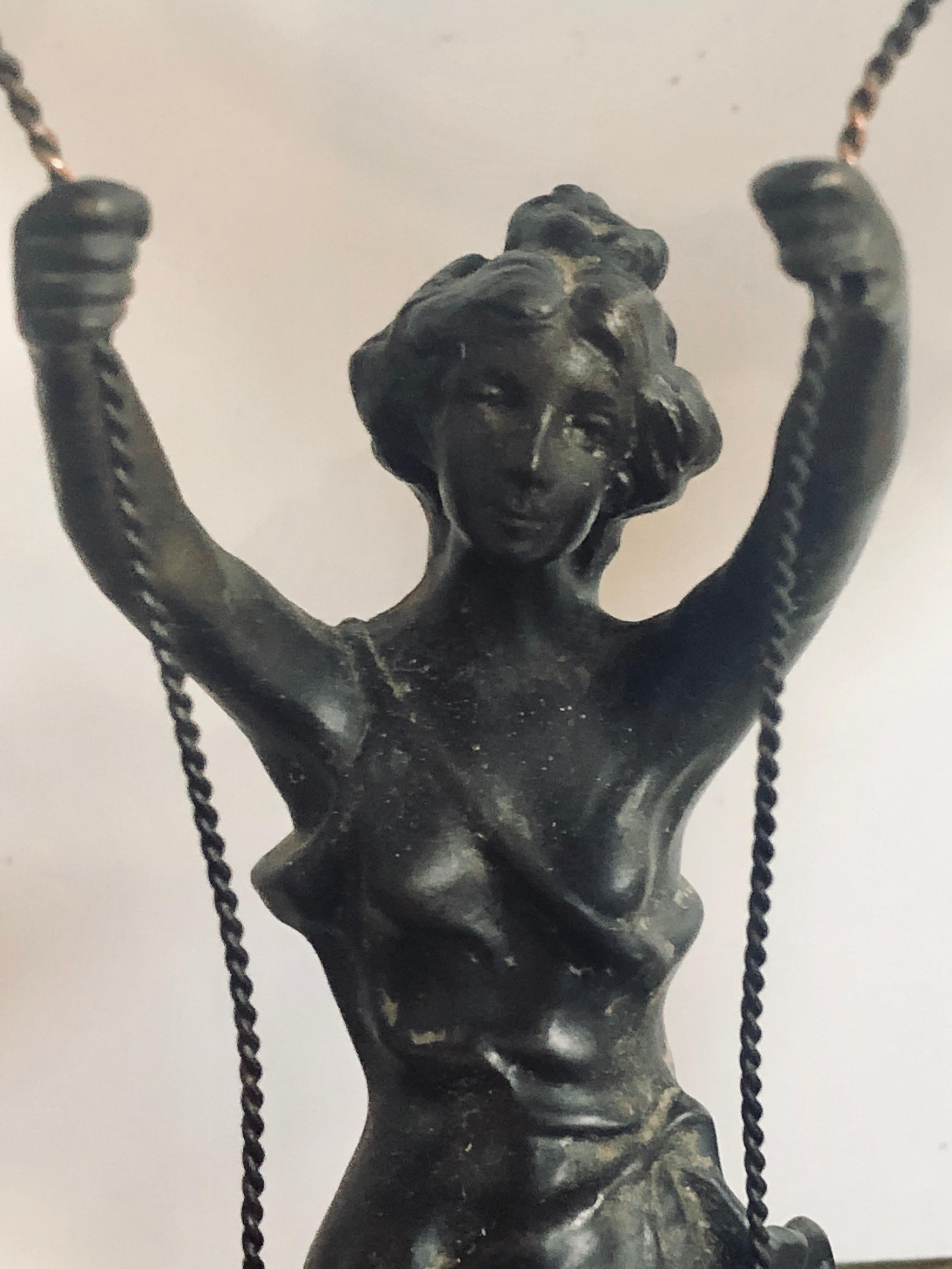 Bronze Table Lamp Depicting a Girl on a Swing w a Tiffany Style Glass Shade 2