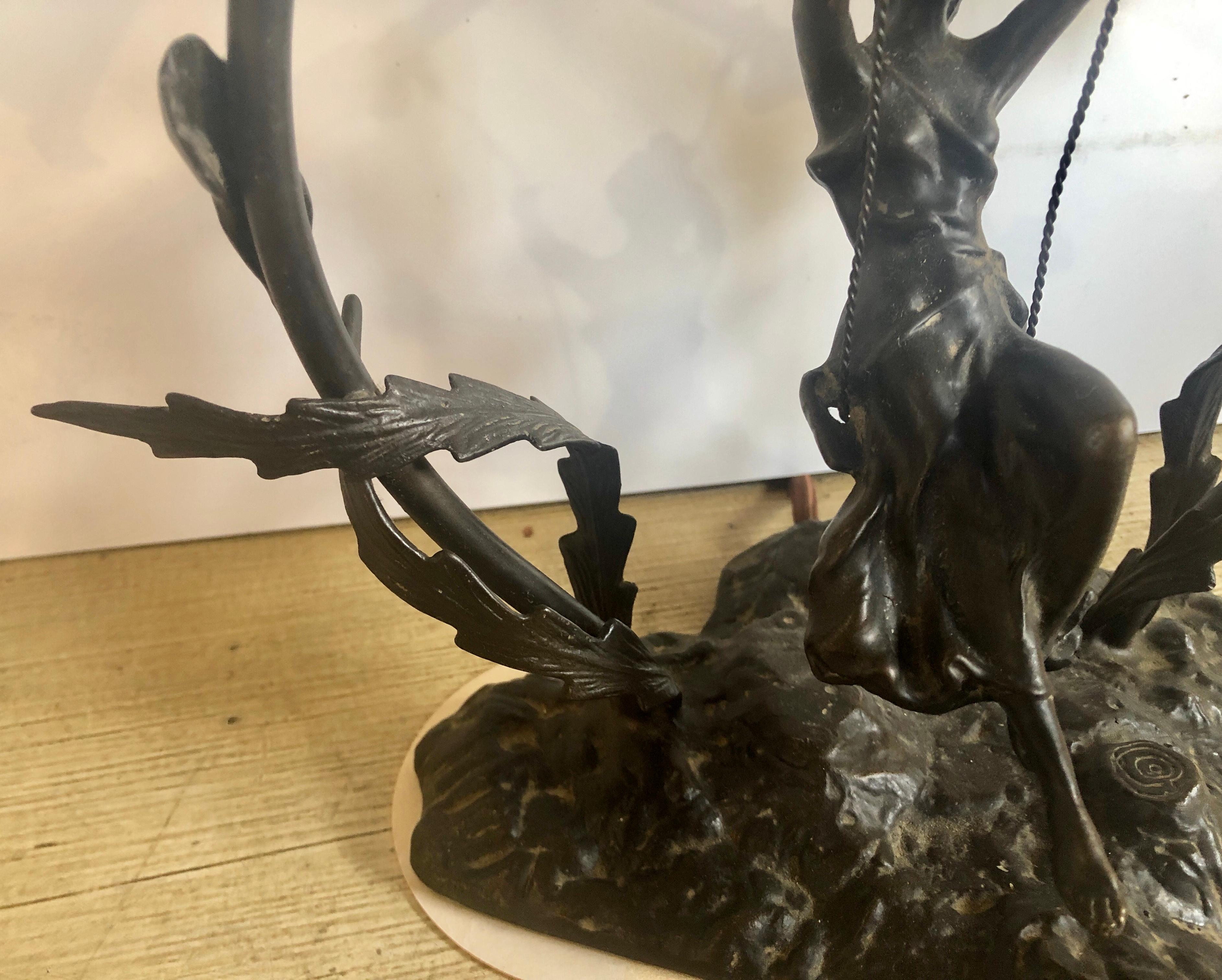 Romantic Bronze Table Lamp Depicting a Girl on a Swing w a Tiffany Style Glass Shade