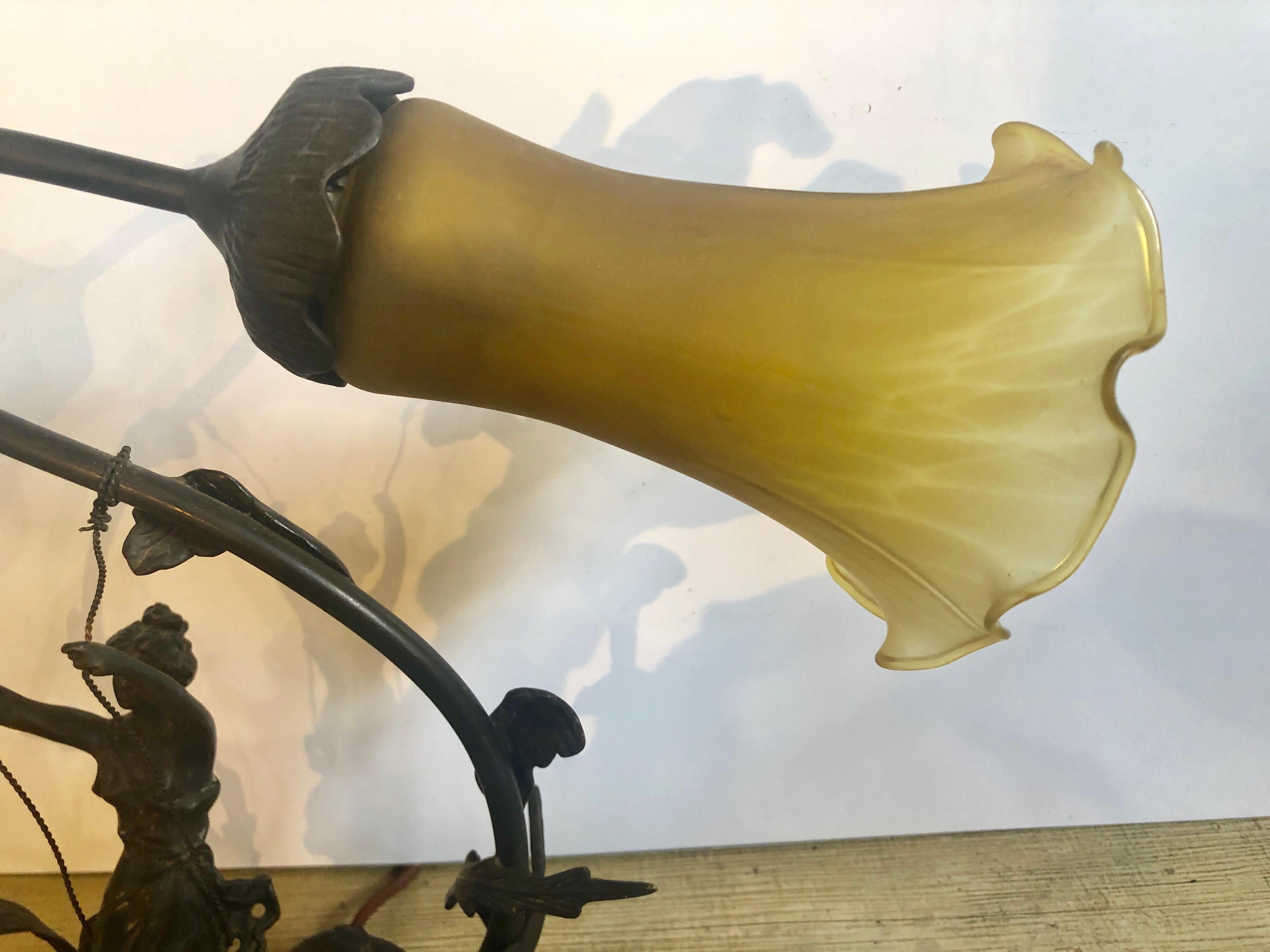 Bronze Table Lamp Depicting a Girl on a Swing w a Tiffany Style Glass Shade In Good Condition In Manhasset, NY