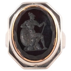 Antique Brown Glass Intaglio Minerva Mens Ring Late 19th Century