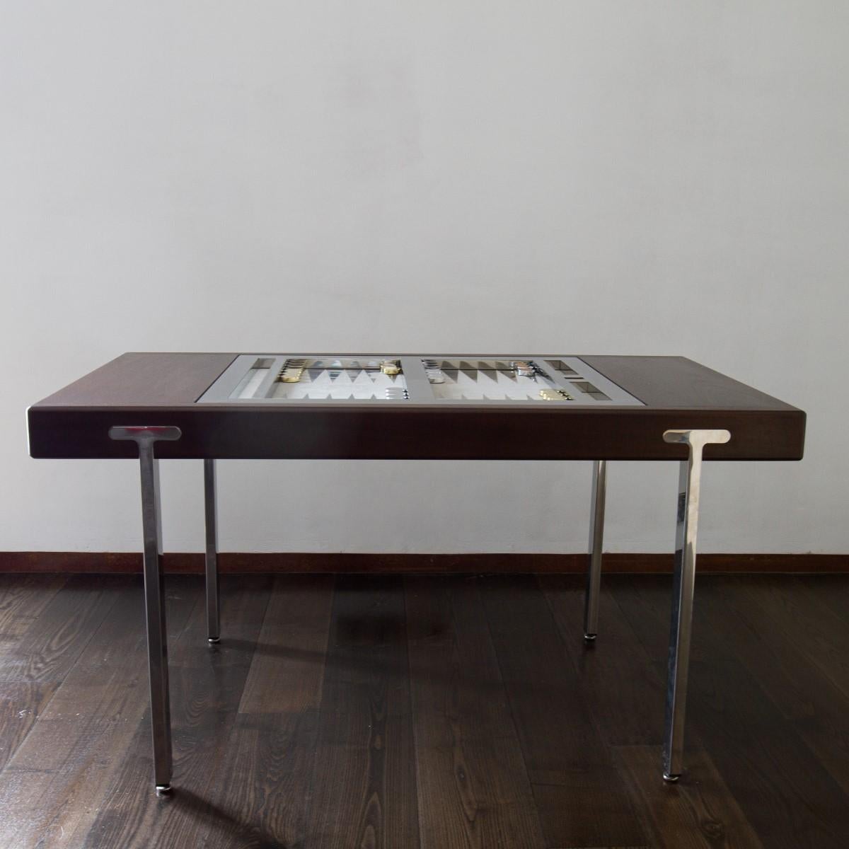 British Brown Polish and Nickel Tilt Top Backgammon Table