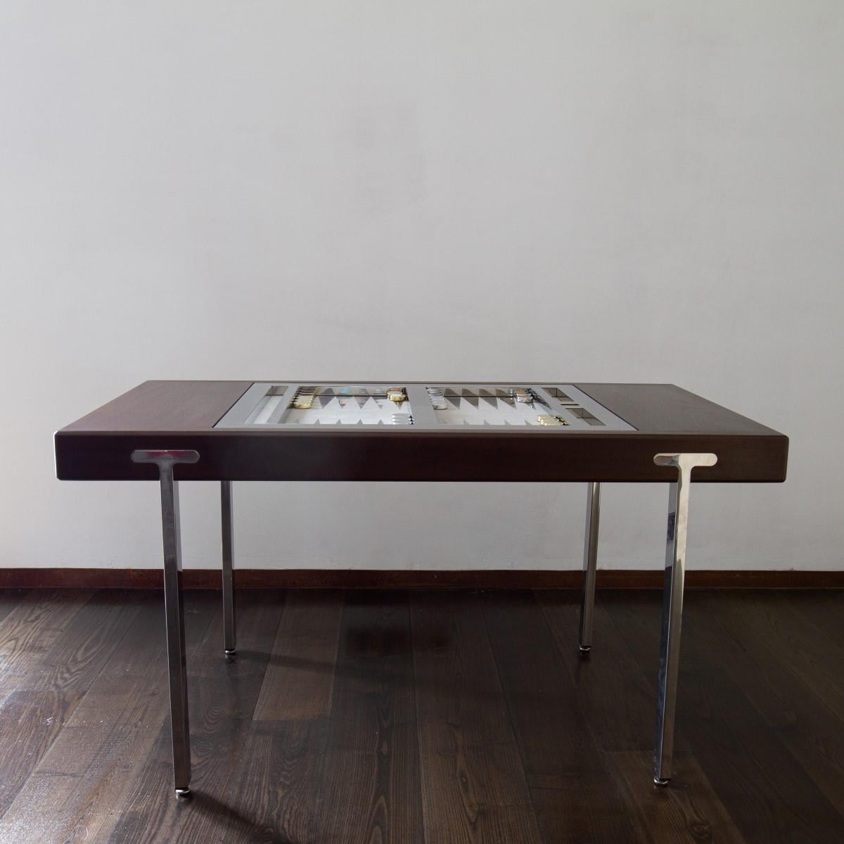 Brown Polish and Nickel Tilt Top Backgammon Table In Good Condition In Donhead St Mary, Wiltshire
