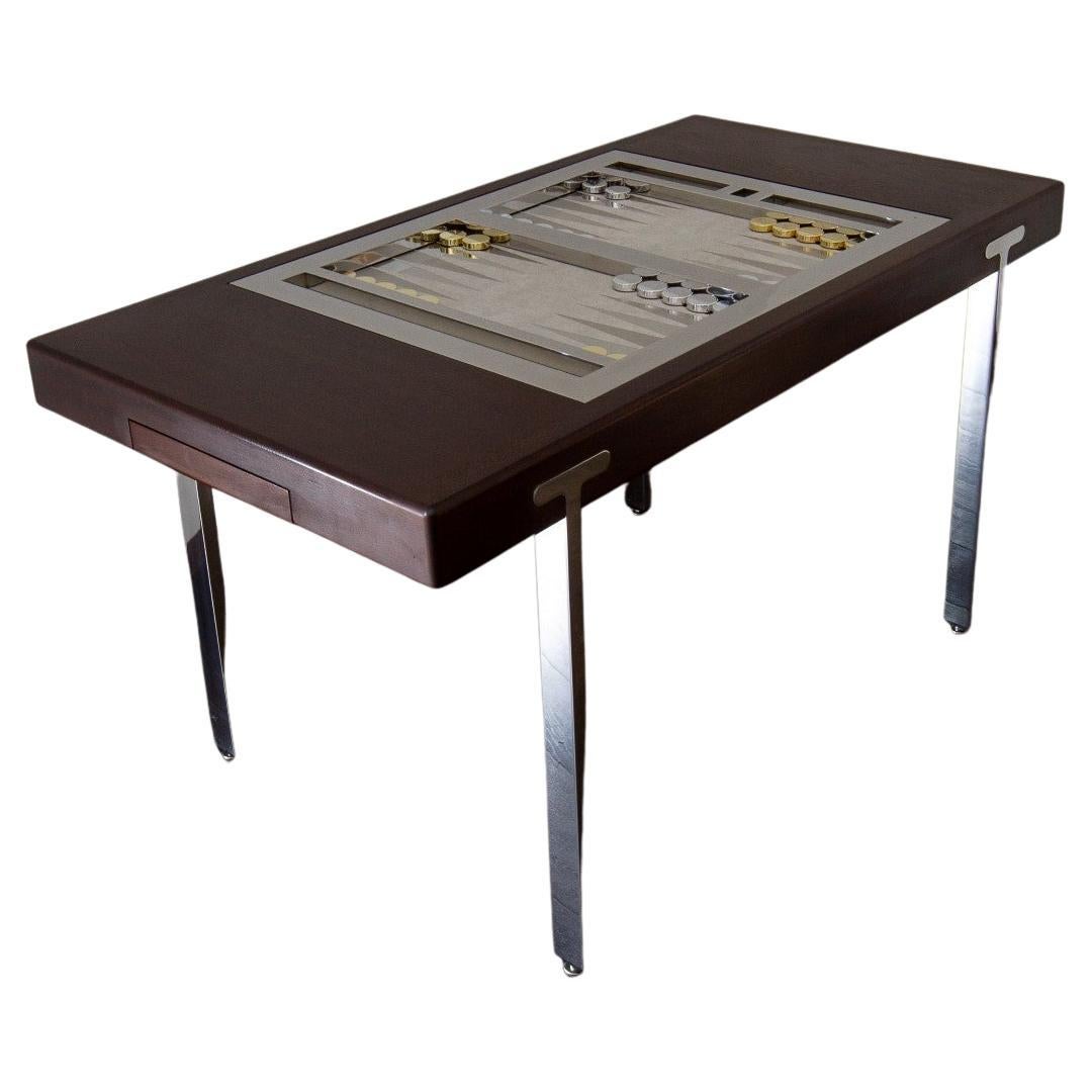Brown Polish and Nickel Tilt Top Backgammon Table