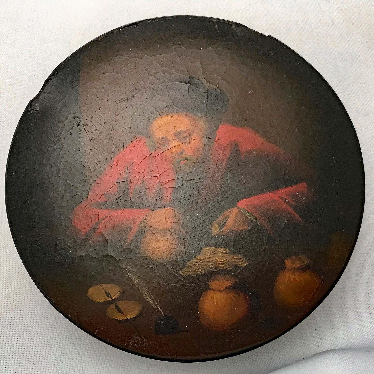 Hand-Painted Brunswick Round Snuff Box, Painted with a Banker For Sale