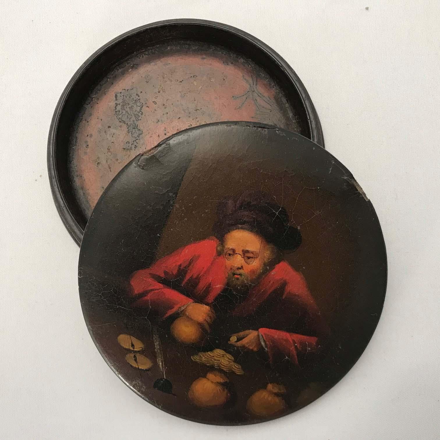 Other Brunswick Round Snuff Box, Painted with a Banker For Sale