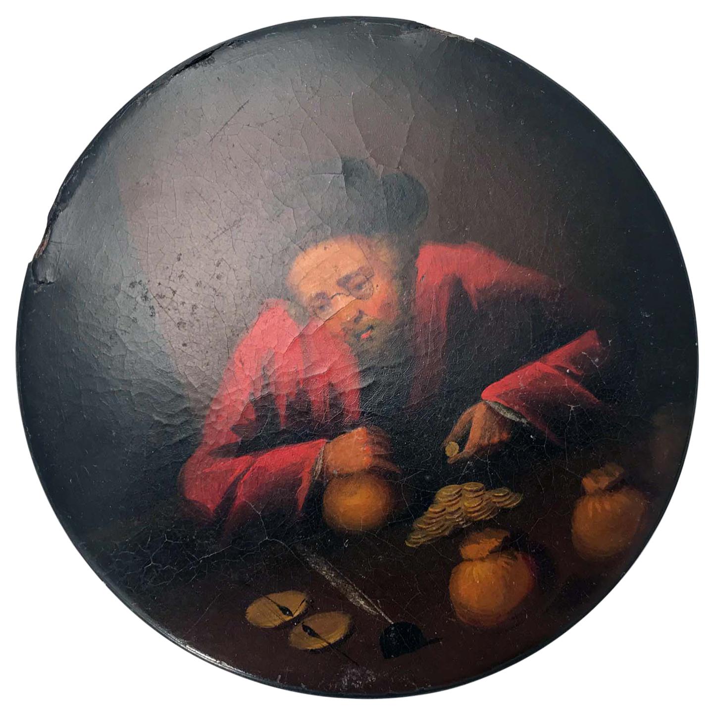 Brunswick Round Snuff Box, Painted with a Banker For Sale