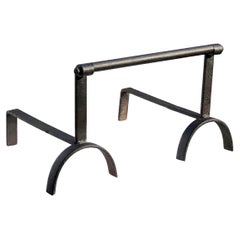 A BRUTALIST CONSTRUCTIVIST MODERNIST Wrought Iron Double ANDIRONS, France 1960