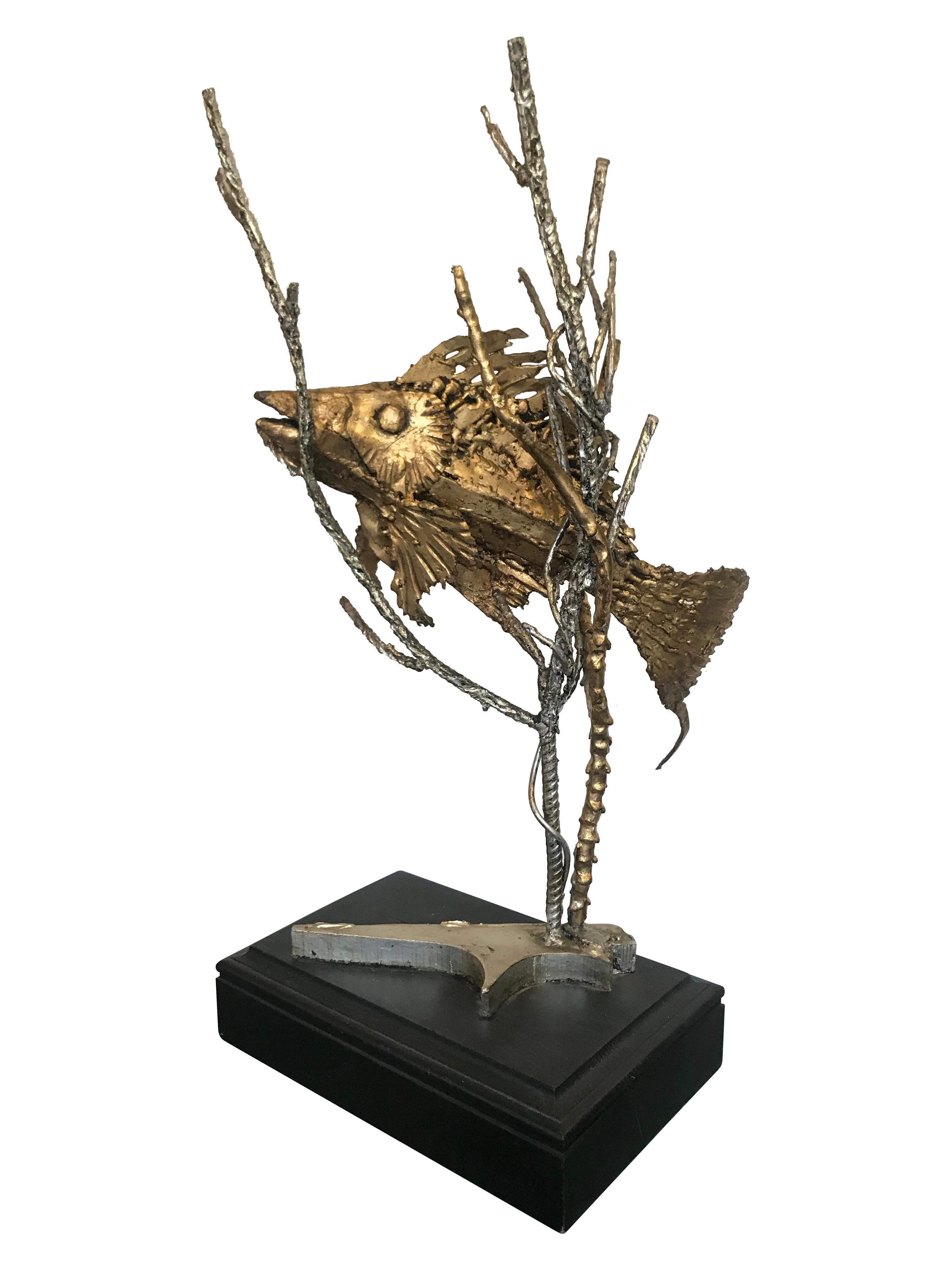 Italian Brutalist Fish Sculpture on a Black Wooden Plinth For Sale