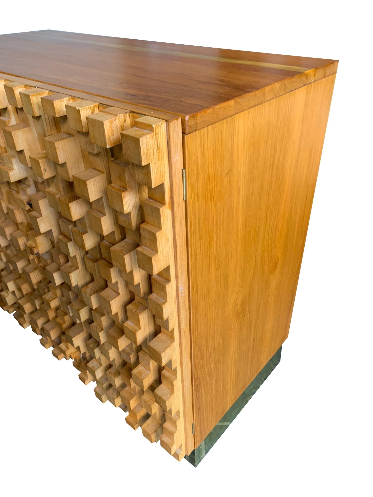 Brass Brutalist Geometric Block Wood Beech Cabinet in the Style of Percival Lafer For Sale