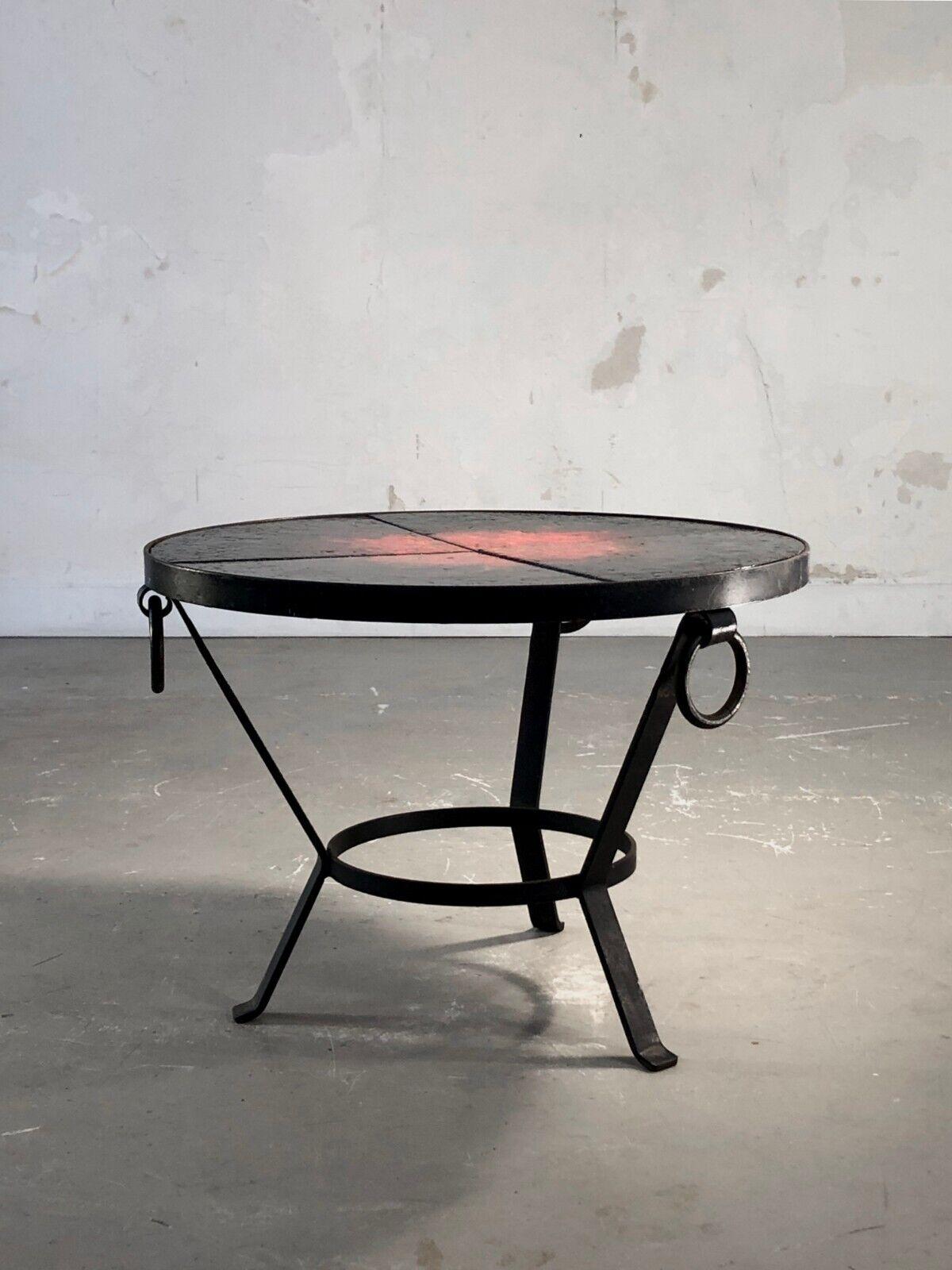 Wrought Iron A MID-CENTURY-MODERN BRUTALIST MODERNIST Ceramic COFFEE SIDE TABLE, France 1950 For Sale