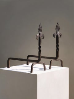 A BRUTALIST NEOCLASSICAL Wrought Iron PAIR of ANDIRONS, France 1970
