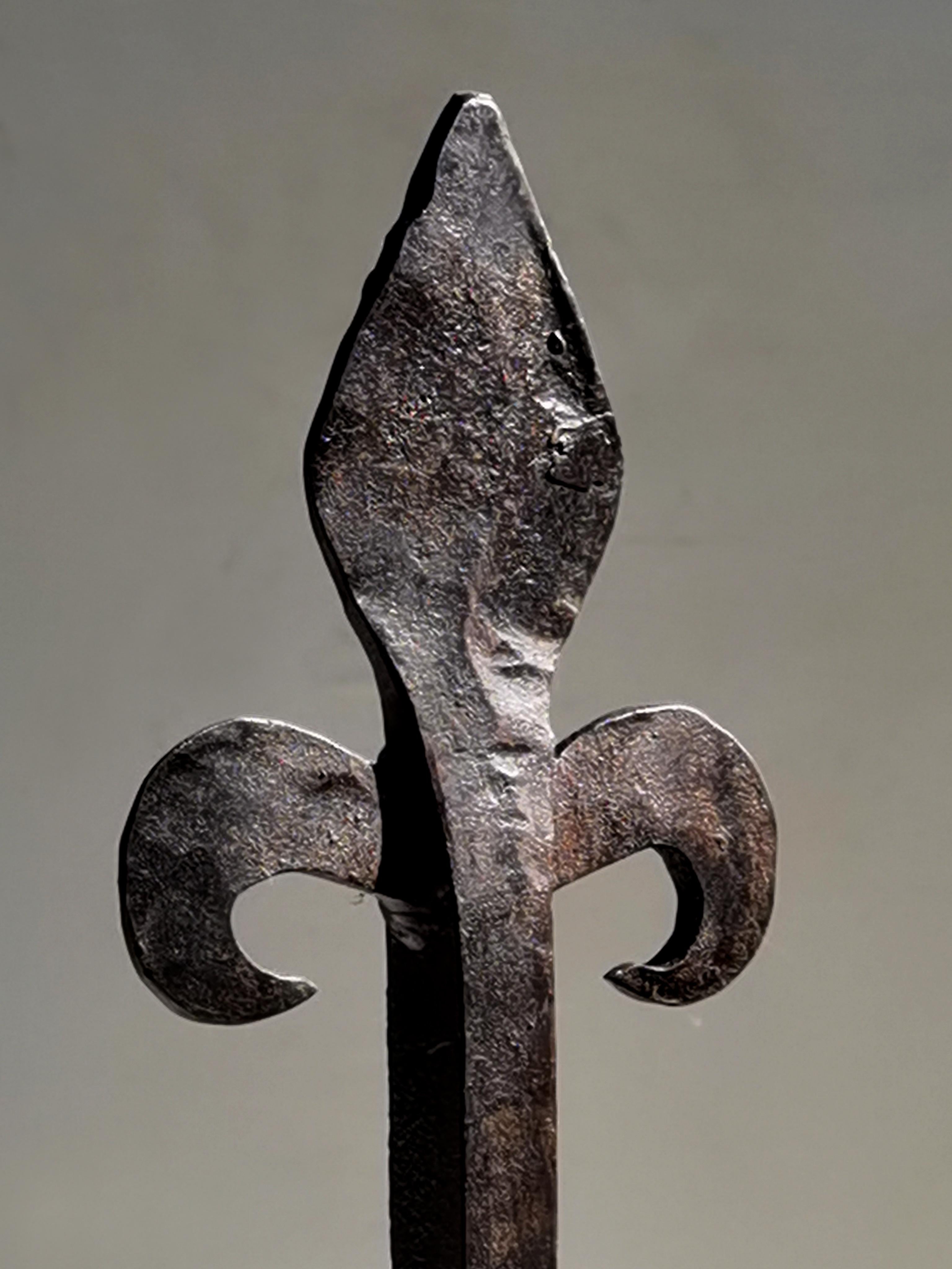 French A BRUTALIST NEOCLASSICAL Wrought Iron PAIR of ANDIRONS, France 1970 For Sale