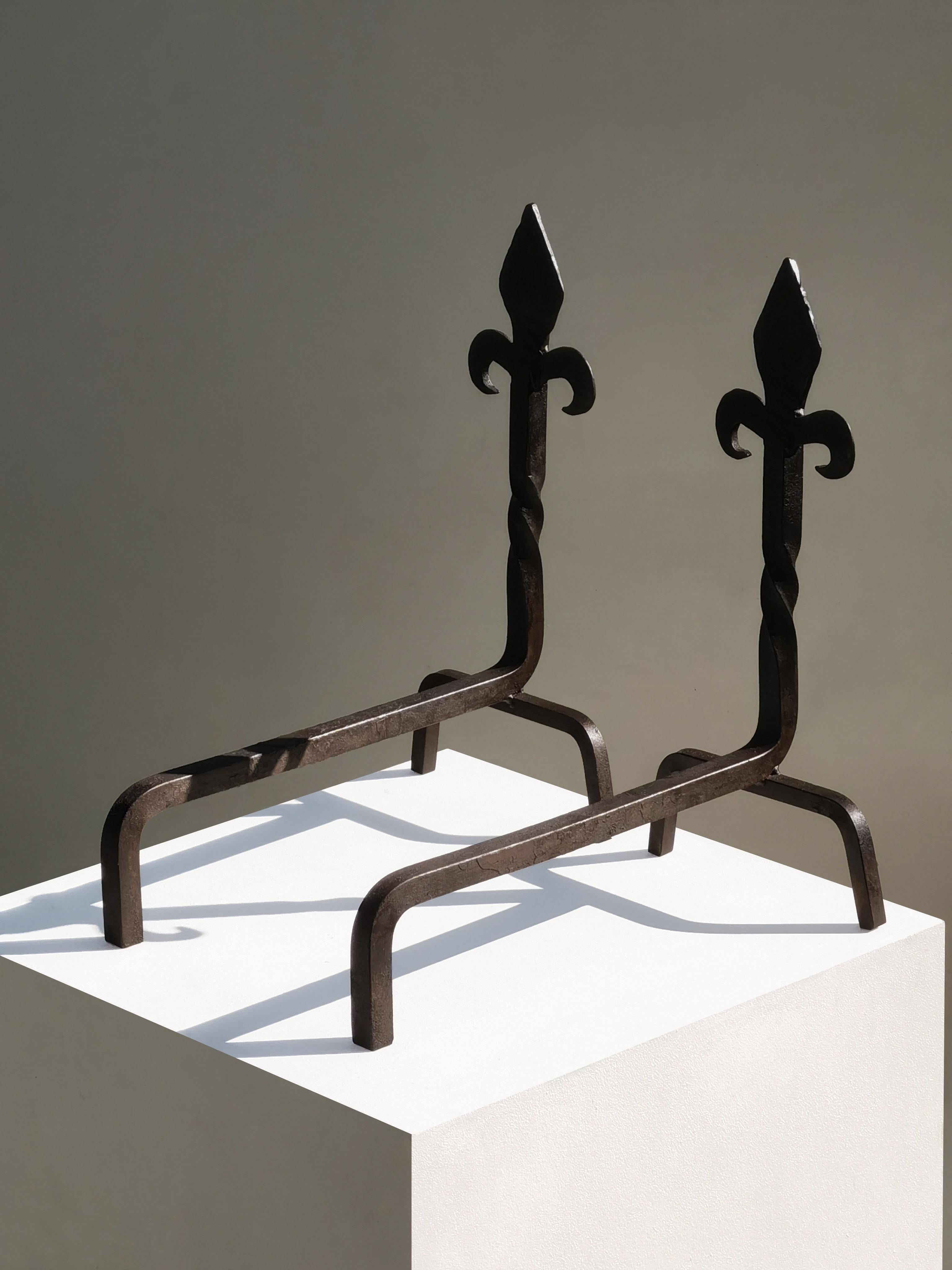 A BRUTALIST NEOCLASSICAL Wrought Iron PAIR of ANDIRONS, France 1970 For Sale 1