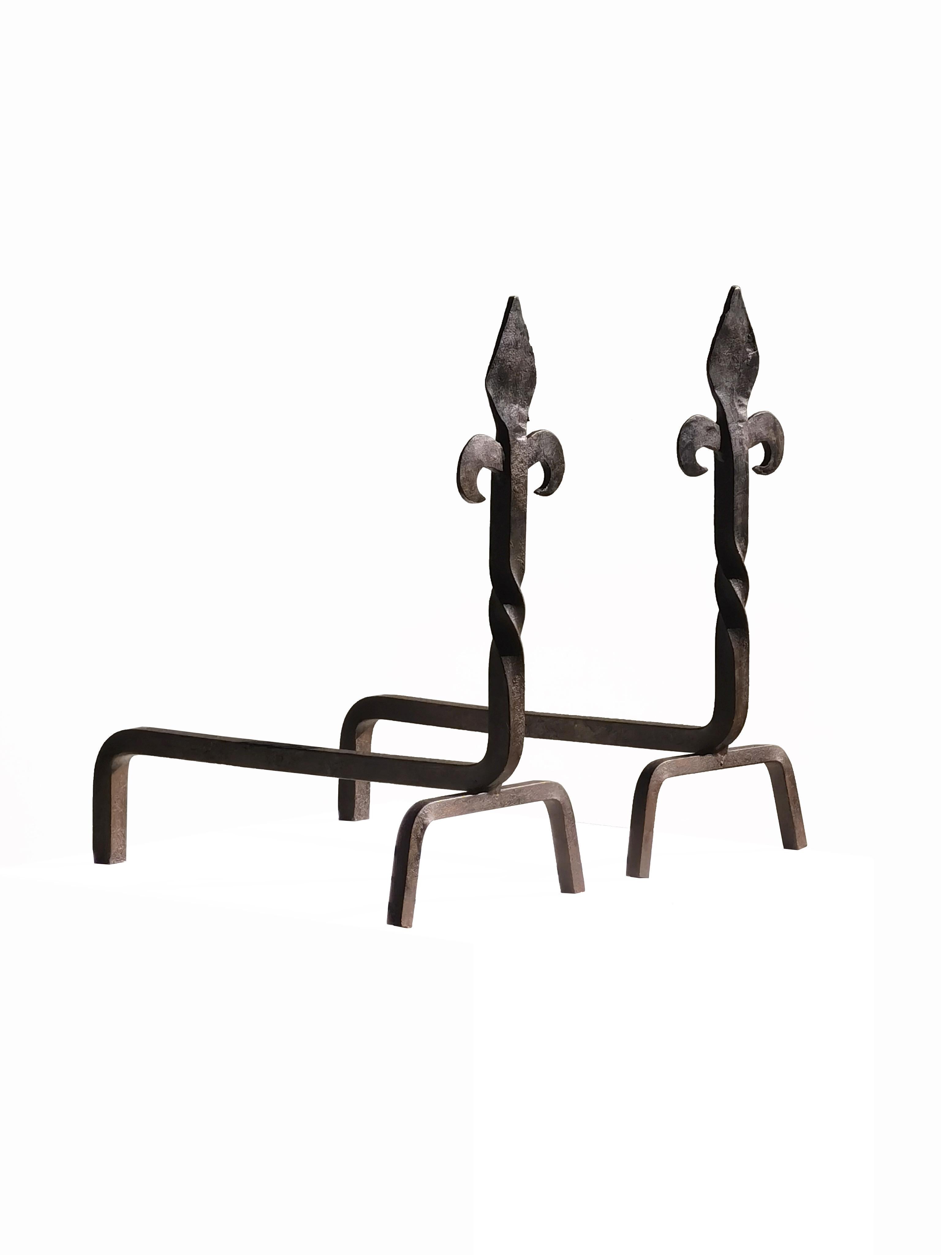 A BRUTALIST NEOCLASSICAL Wrought Iron PAIR of ANDIRONS, France 1970 For Sale 3