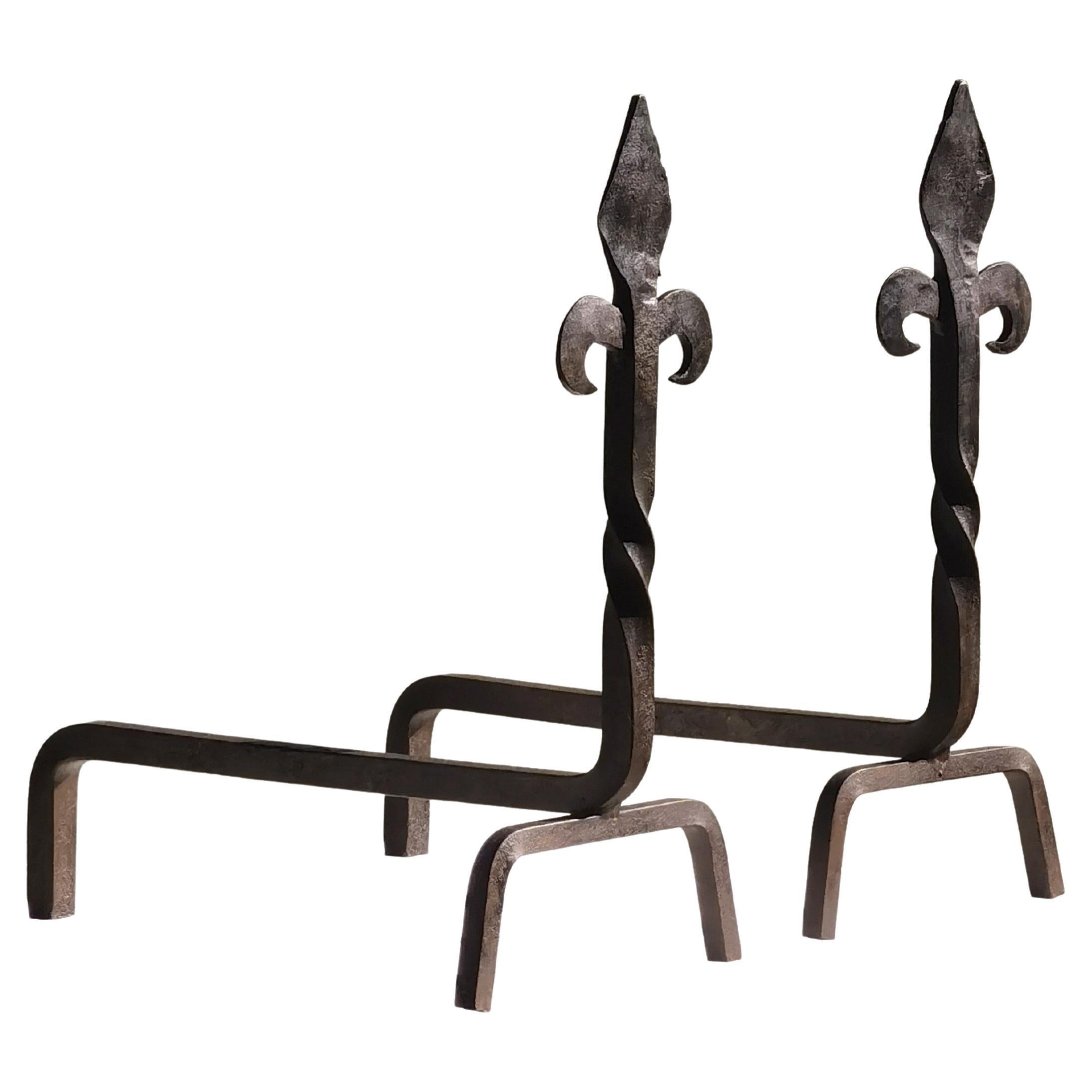 A BRUTALIST NEOCLASSICAL Wrought Iron PAIR of ANDIRONS, France 1970