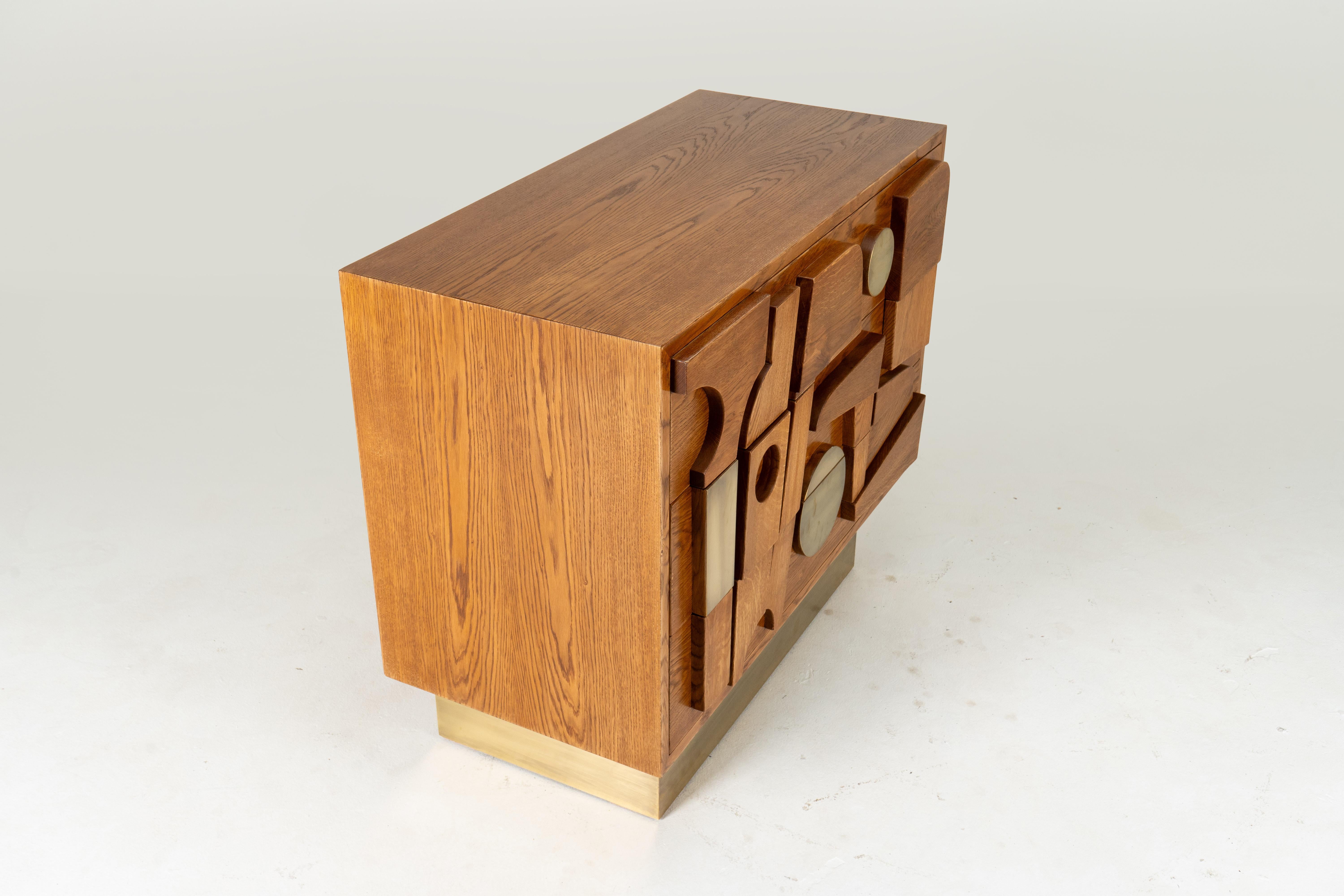 A Brutalist Side Chest with Brass Handles In Good Condition For Sale In Chicago, IL