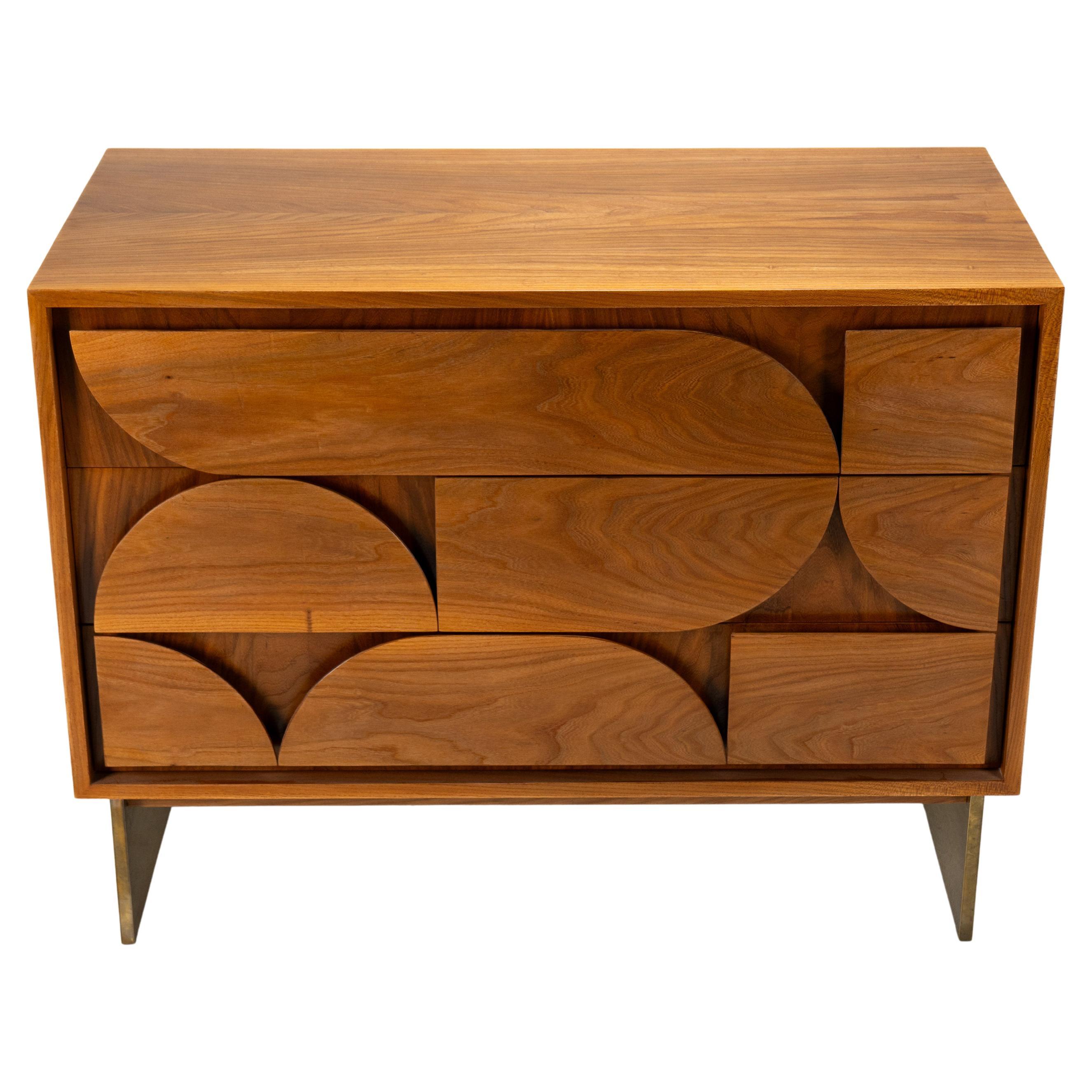 A Brutalist Side Chest with Three Drawers and a Brass Base For Sale