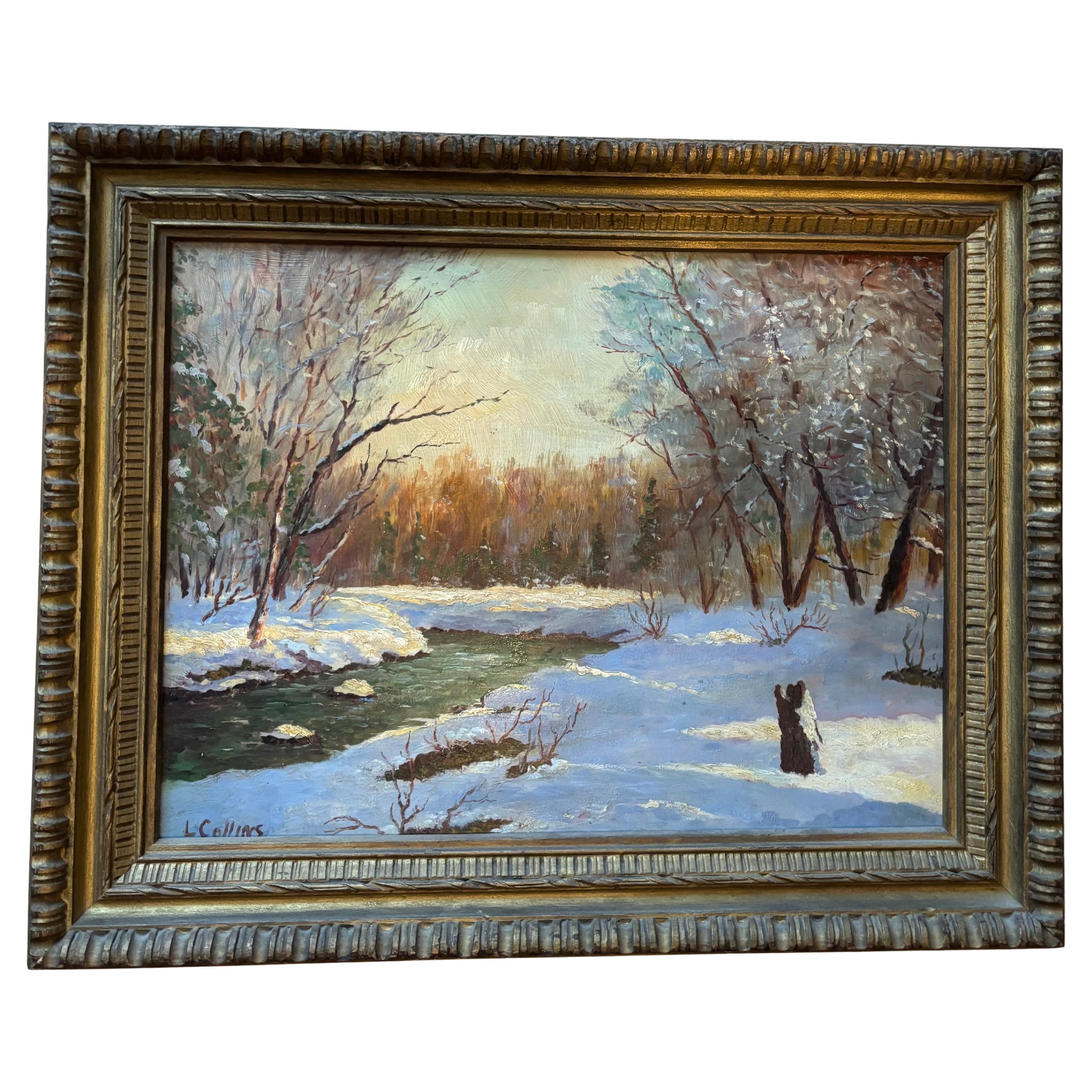 A Bucolic Winter Landscape with a Stream Signed L. Collins