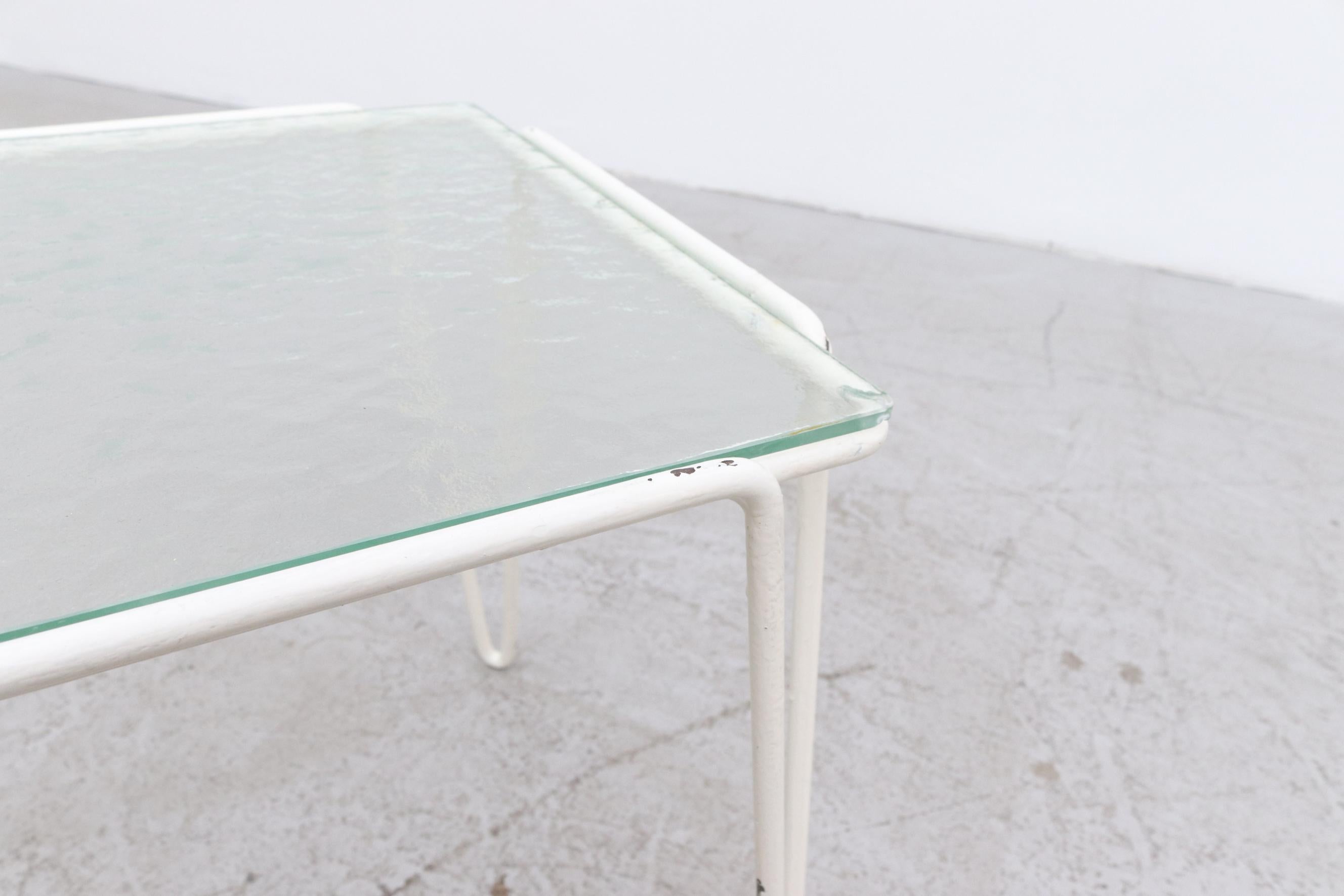 A. Bueno de Mesquita for Spurs Side Table w/ White Metal Hairpin Legs and Glass For Sale 4