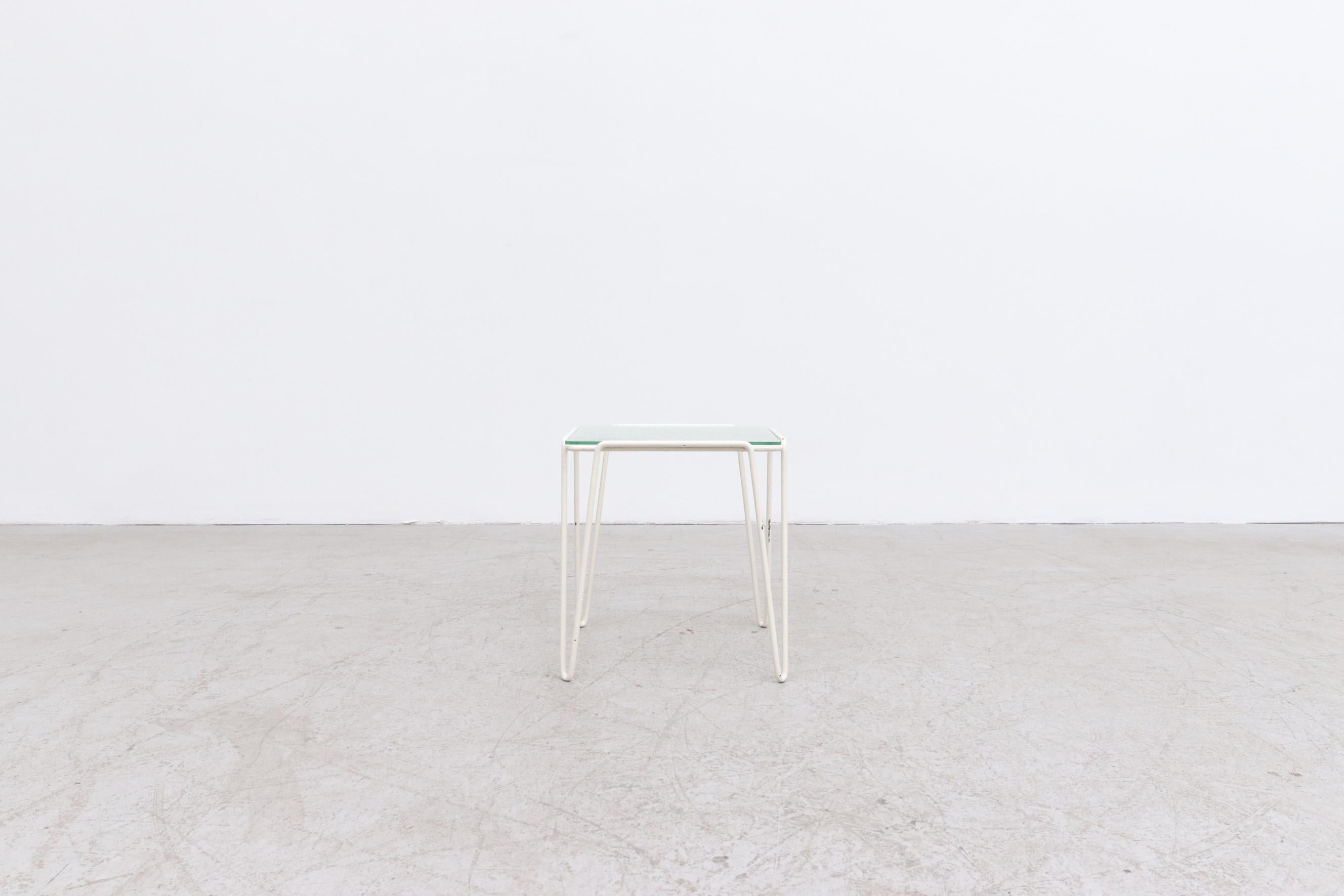 Dutch A. Bueno de Mesquita for Spurs Side Table w/ White Metal Hairpin Legs and Glass For Sale