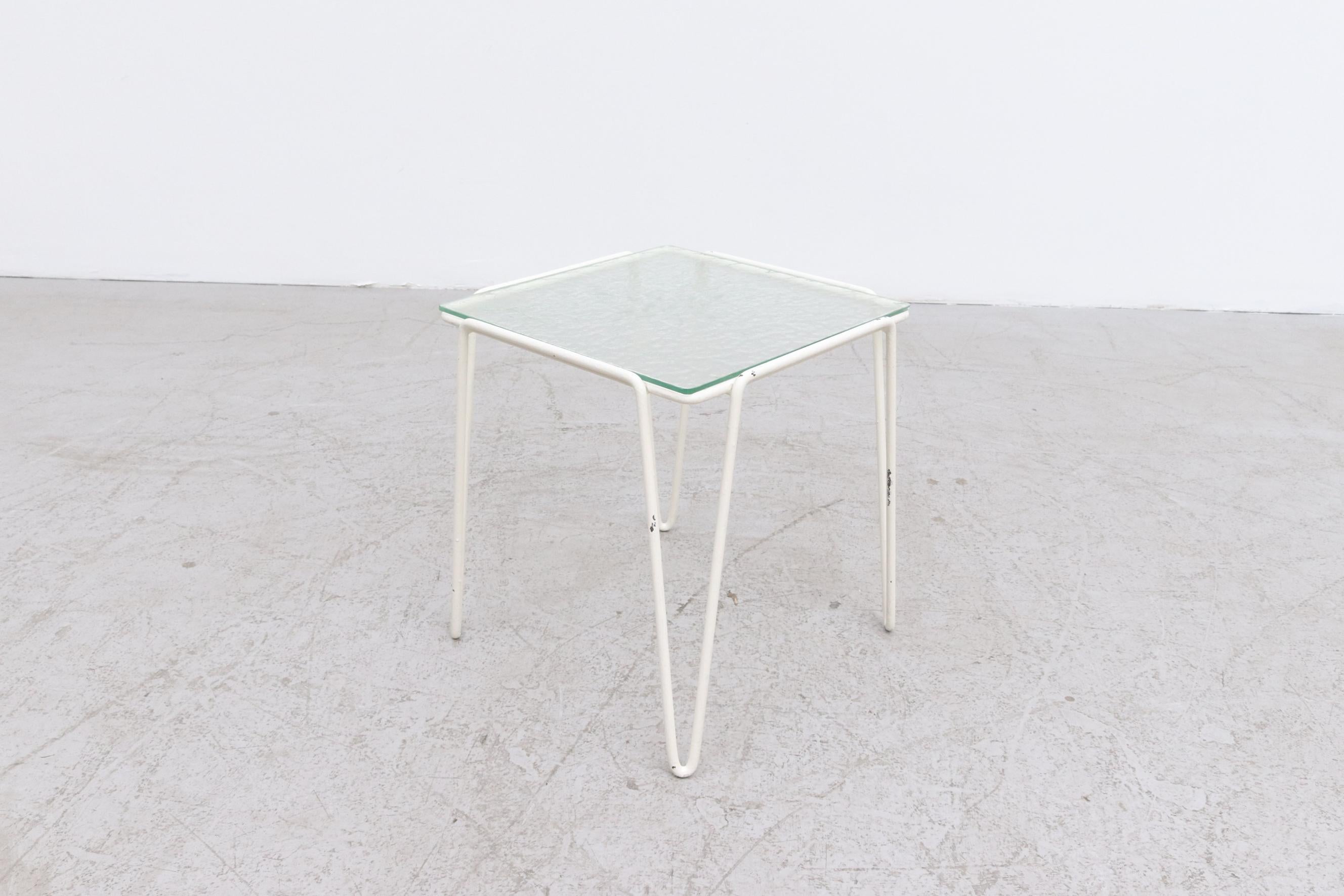 Mid-20th Century A. Bueno de Mesquita for Spurs Side Table w/ White Metal Hairpin Legs and Glass For Sale