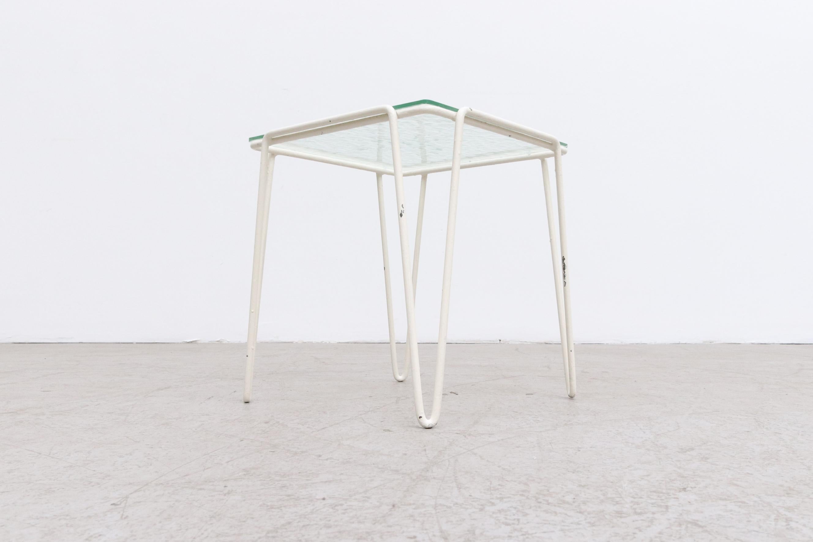 A. Bueno de Mesquita for Spurs Side Table w/ White Metal Hairpin Legs and Glass For Sale 1