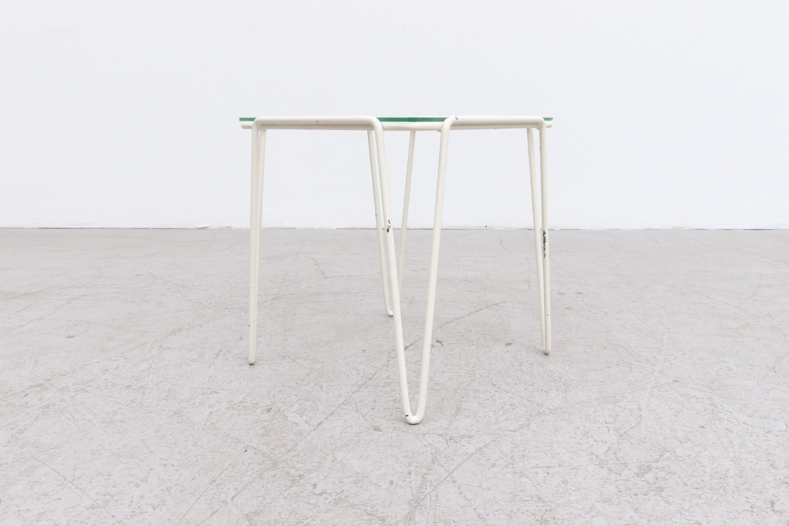 A. Bueno de Mesquita for Spurs Side Table w/ White Metal Hairpin Legs and Glass For Sale 2