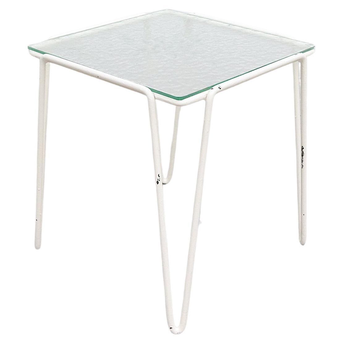 A. Bueno de Mesquita for Spurs Side Table w/ White Metal Hairpin Legs and Glass For Sale