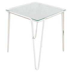 Vintage A. Bueno de Mesquita for Spurs Side Table w/ White Metal Hairpin Legs and Glass