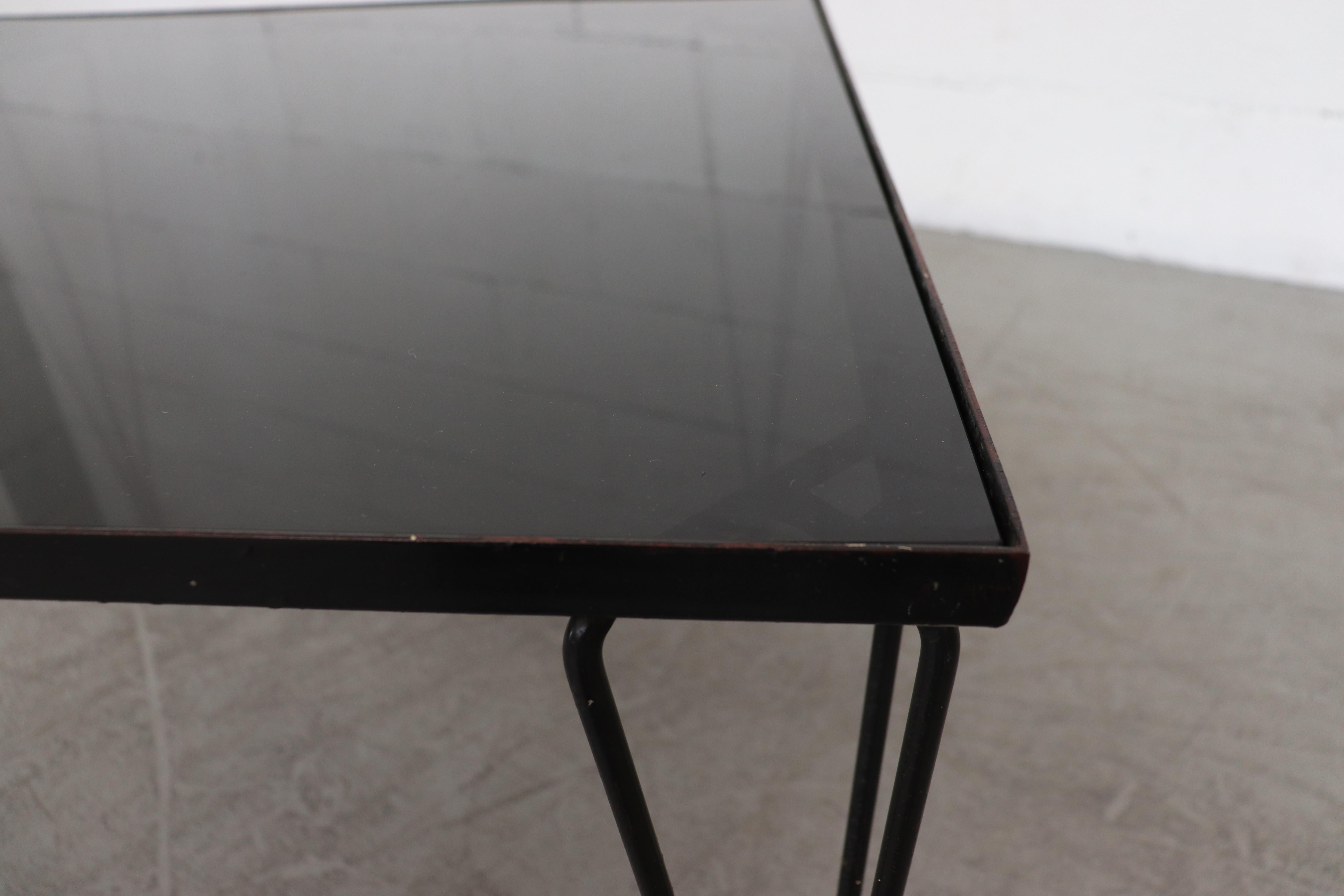 Mid-Century Modern A. Bueno De Mesquita Style Black Inset Glass Coffee Table with Hairpin Legs For Sale