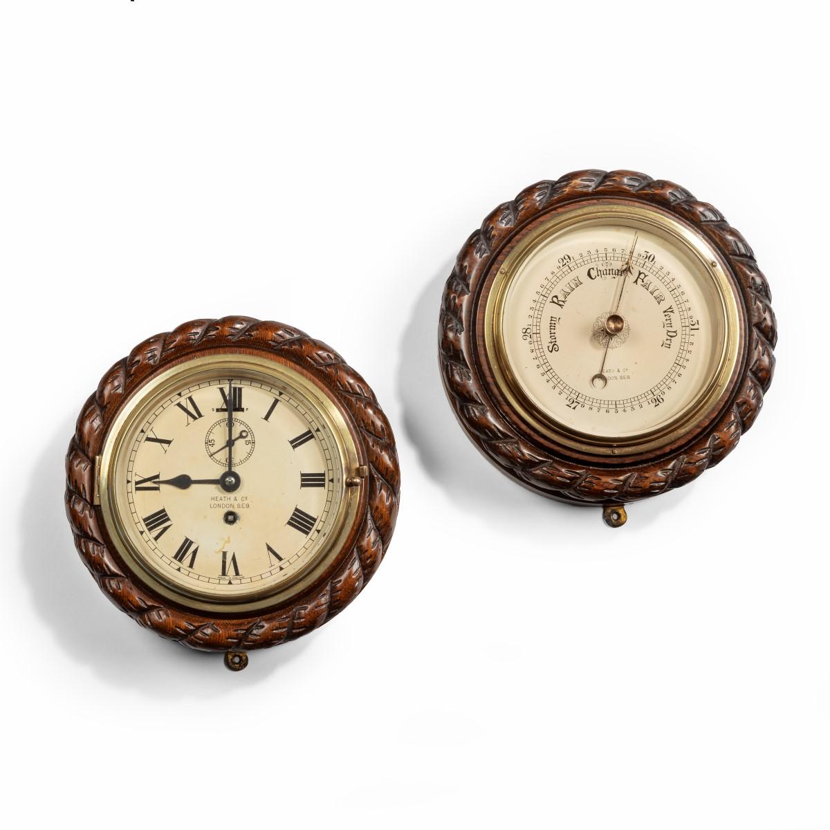 Edwardian Bulkhead Clock and Barometer Set by Heath & Co