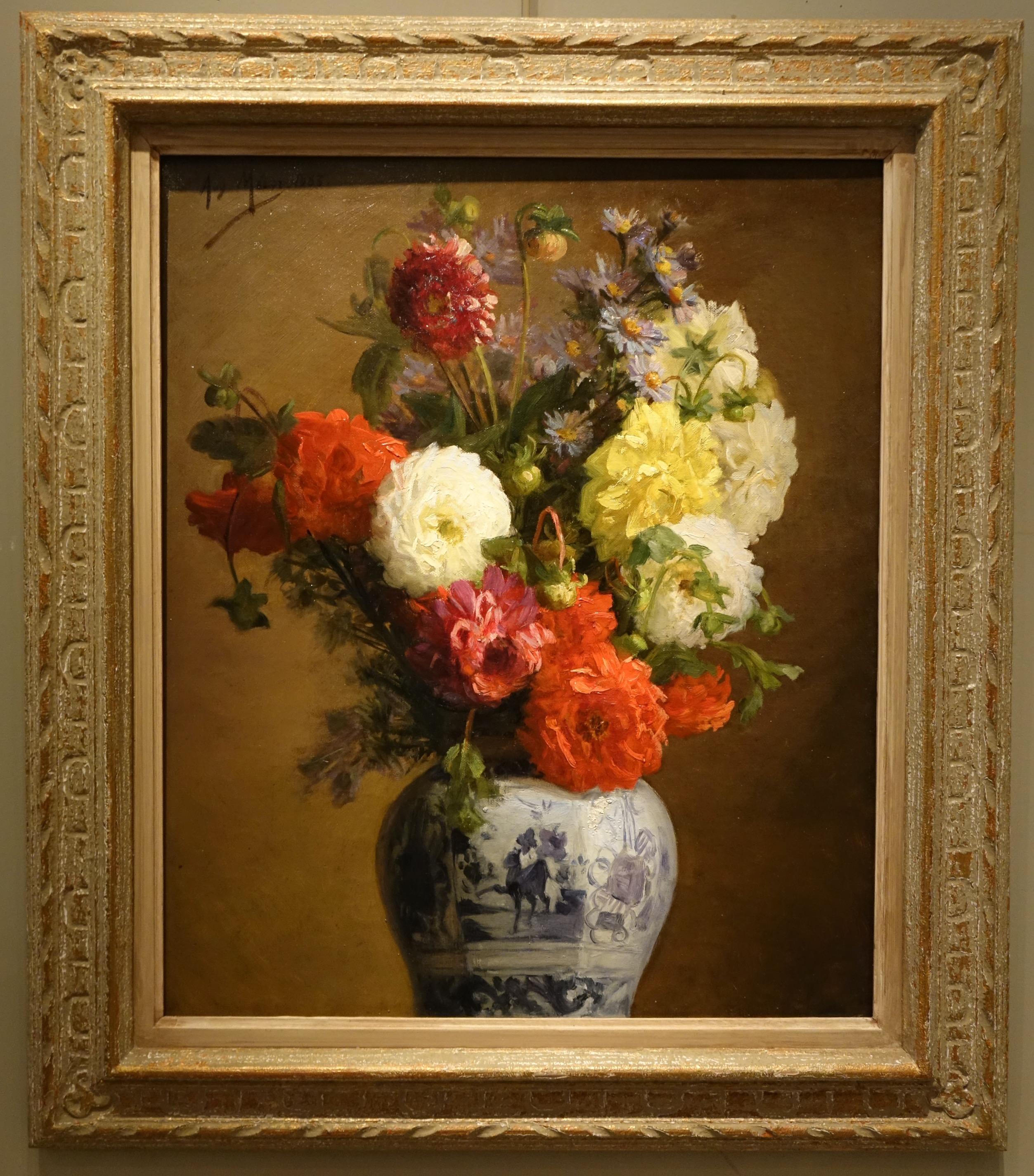 A bunch of dahlias in a Japanese vase, signed upper left A.MELOT, dated 1883.
Louis Auguste MELOT, flower painter died 1899.
French school. A member of the French Artists Association, he exhibited at their Salon for many years.
The painter's