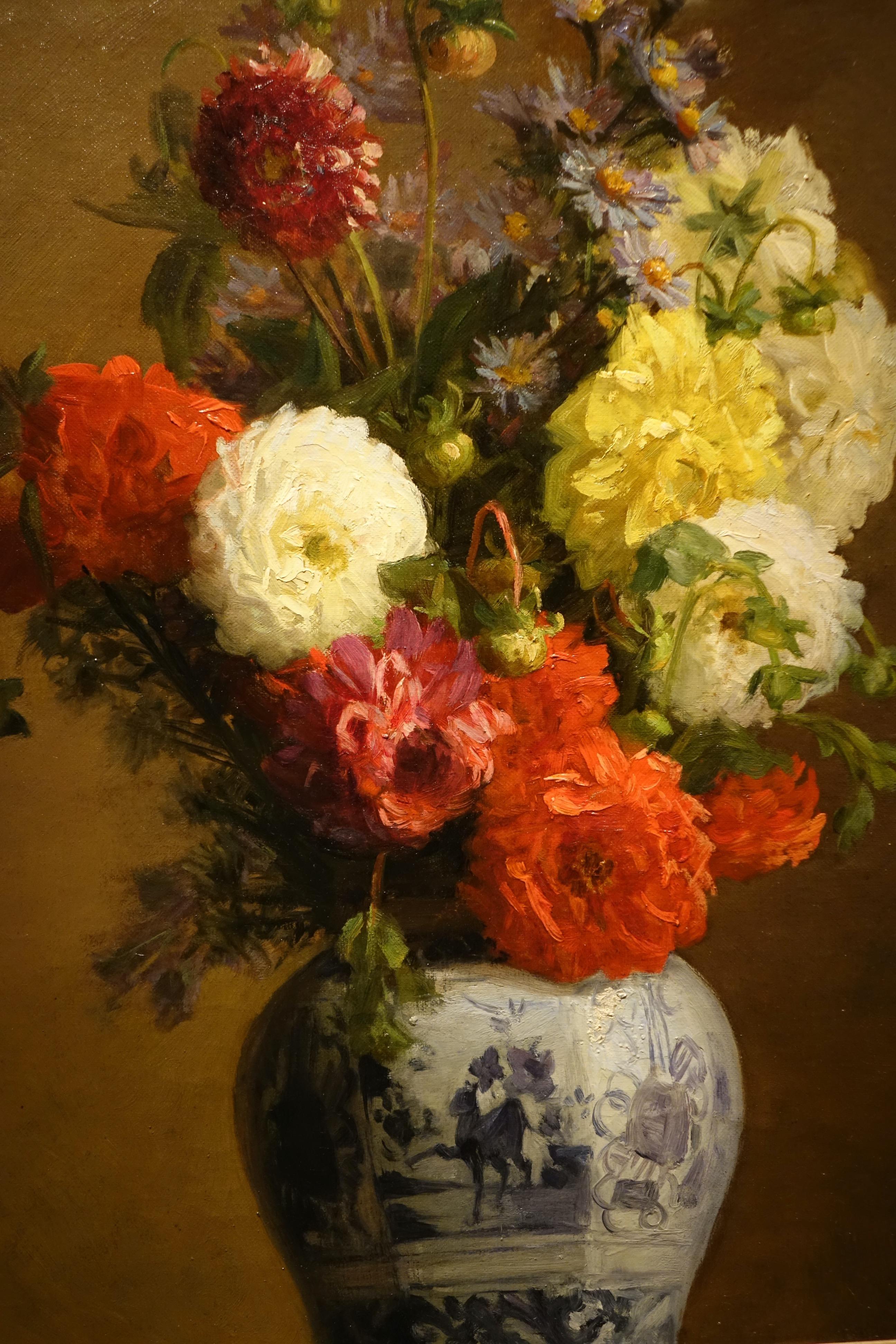 Francese Un mazzo di dalie in un vaso giapponese , A.MELOT, 1883 in vendita