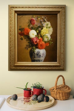 Un bouleau de Dahlias dans un vase japonais , A.MELOT, 1883
