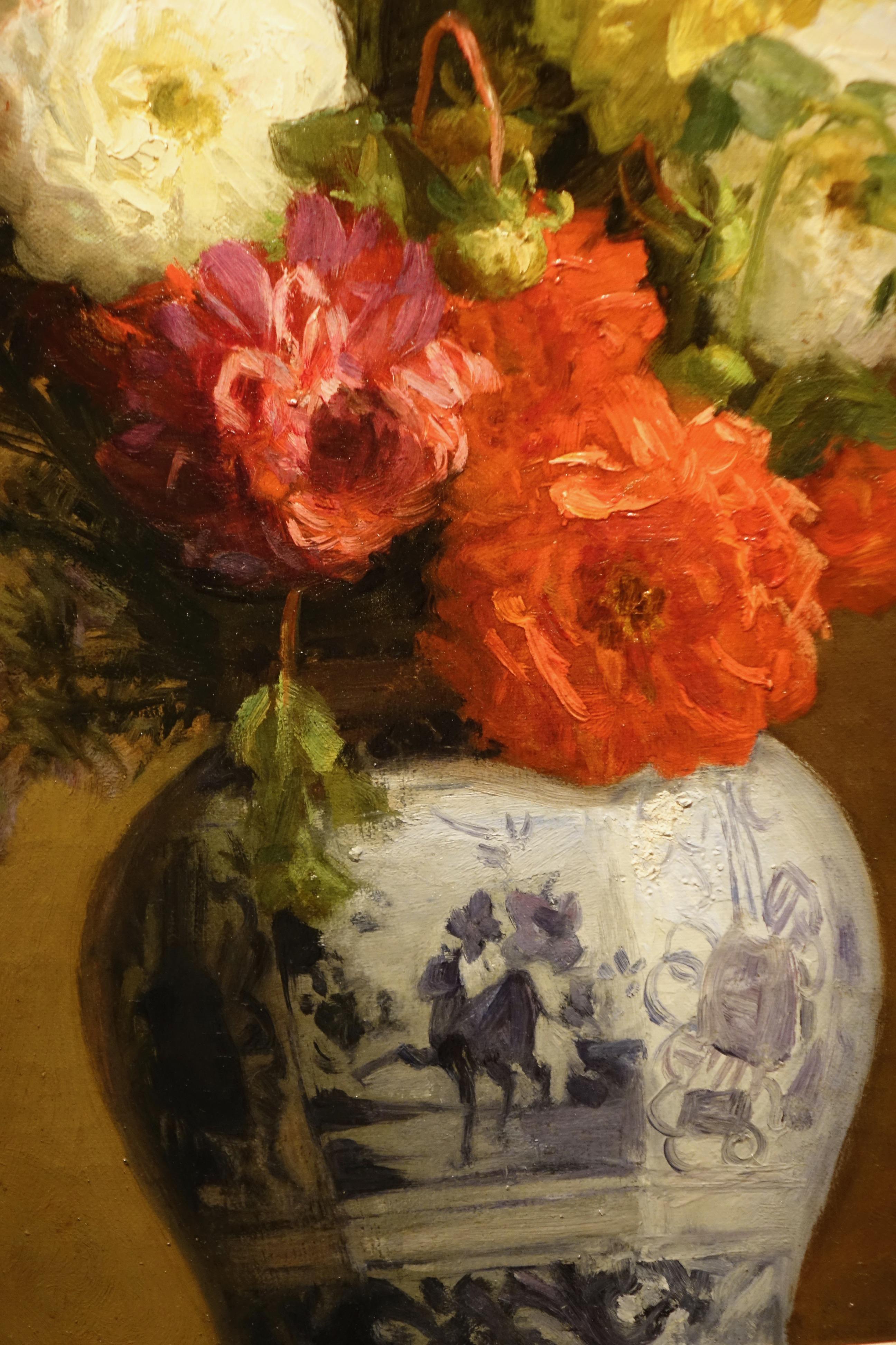 Dipinto a mano Un mazzo di dalie in un vaso giapponese , A.MELOT, 1883 in vendita