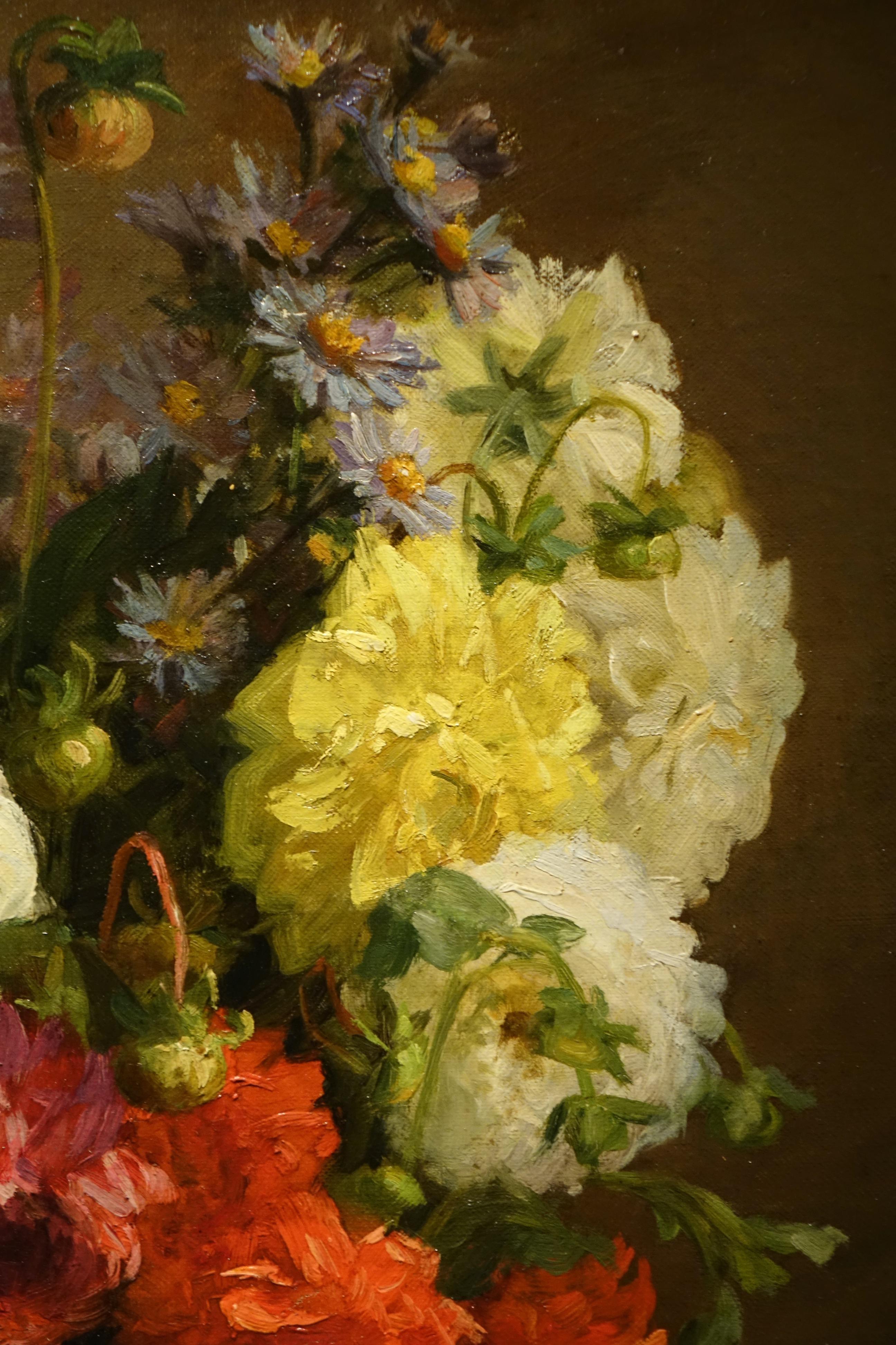 French A Bunch of Dahlias in a Japanese Vase , A.MELOT, 1883 For Sale