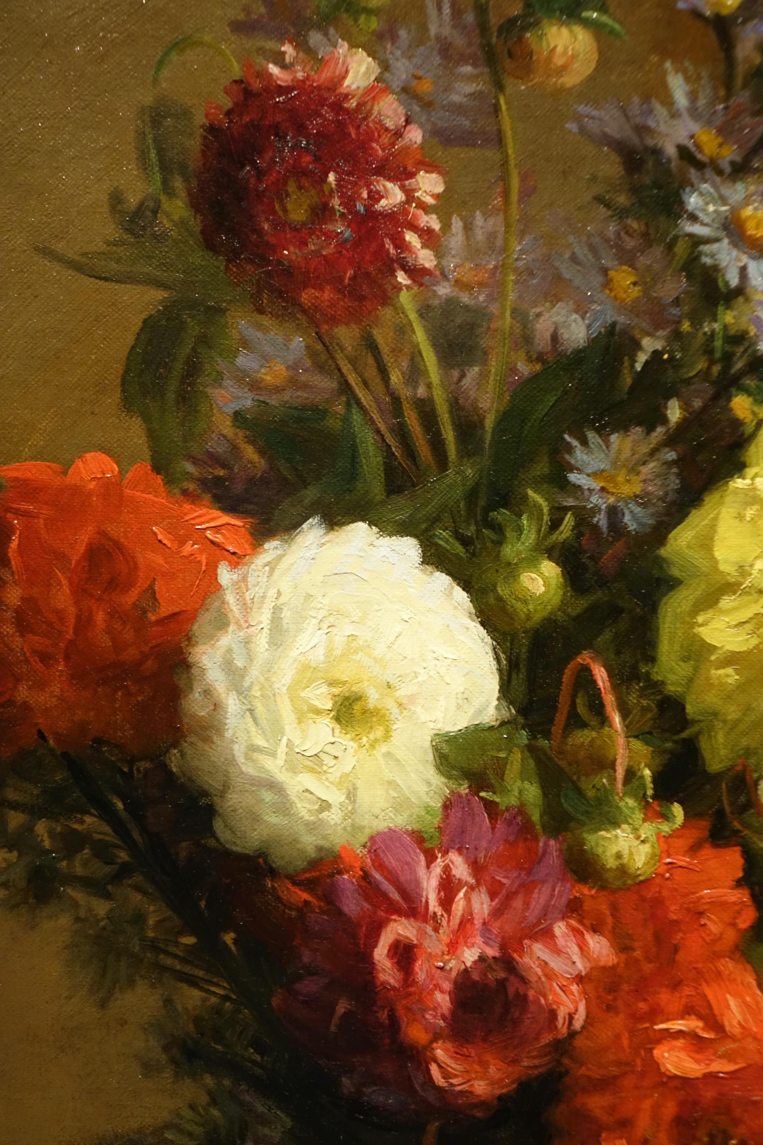 Hand-Painted A Bunch of Dahlias in a Japanese Vase , A.MELOT, 1883 For Sale