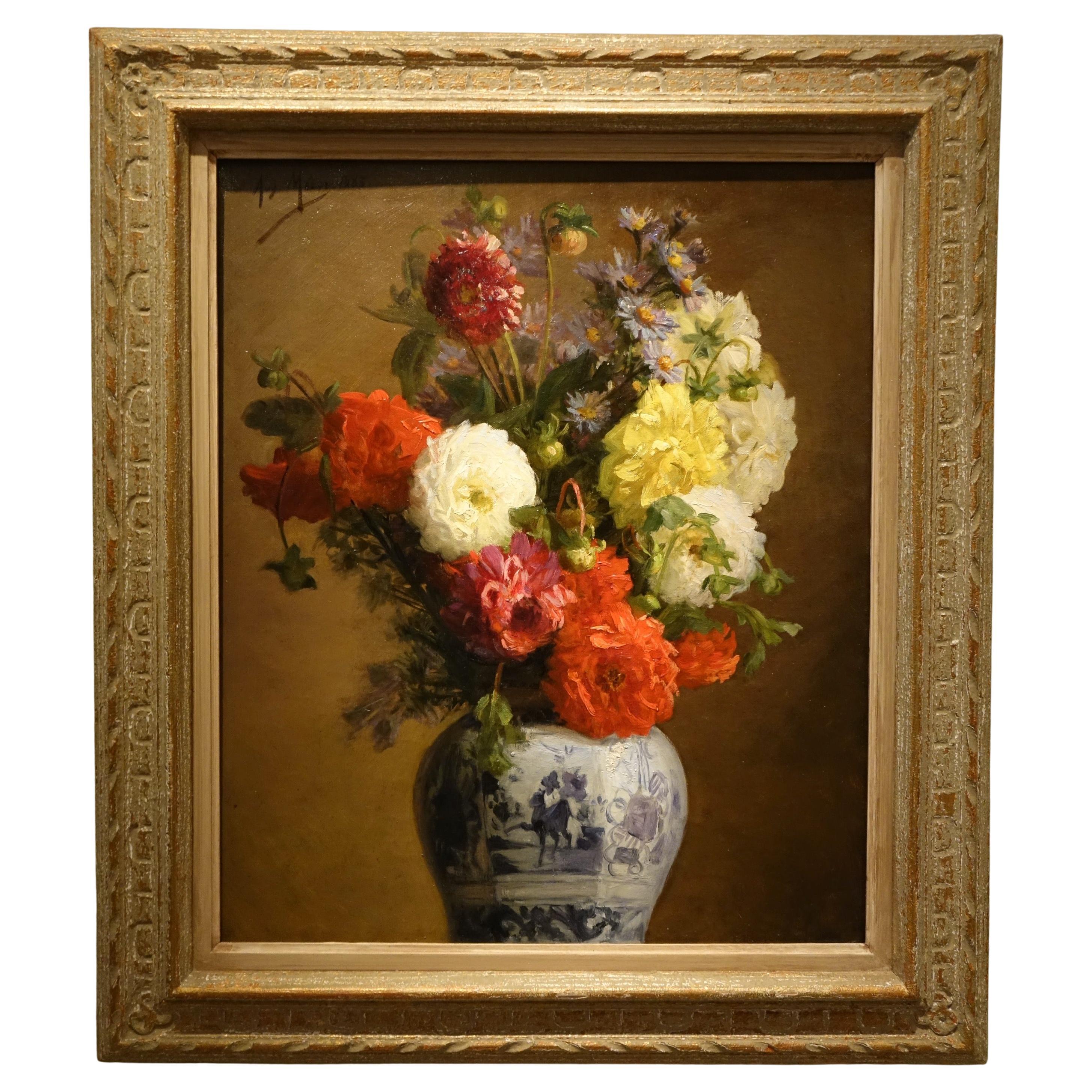 Un mazzo di dalie in un vaso giapponese , A.MELOT, 1883