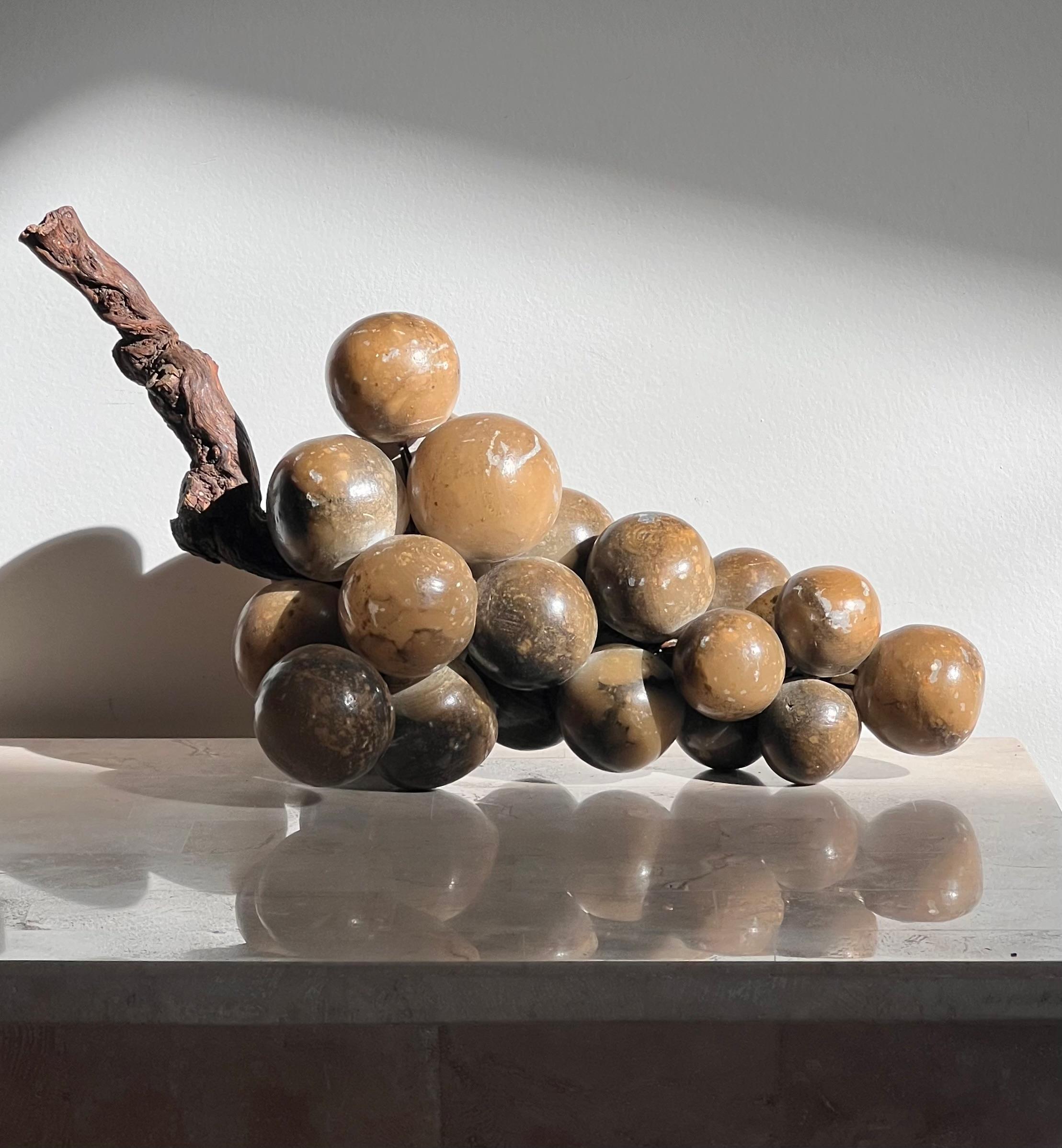 Mid-Century Modern A bunch of jumbo vintage Italian marble grapes with raw wood stem, mid 20th c