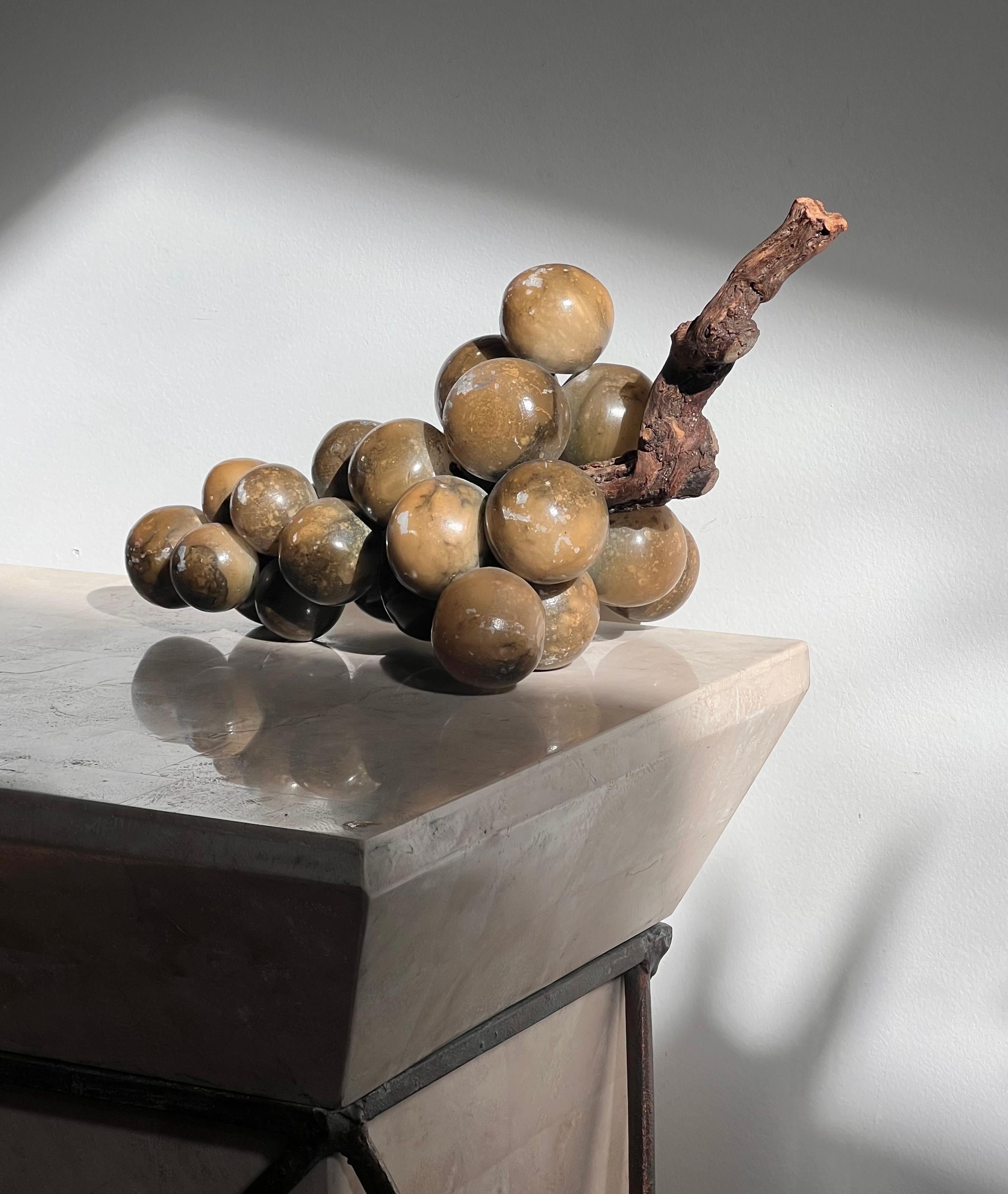20th Century A bunch of jumbo vintage Italian marble grapes with raw wood stem, mid 20th c