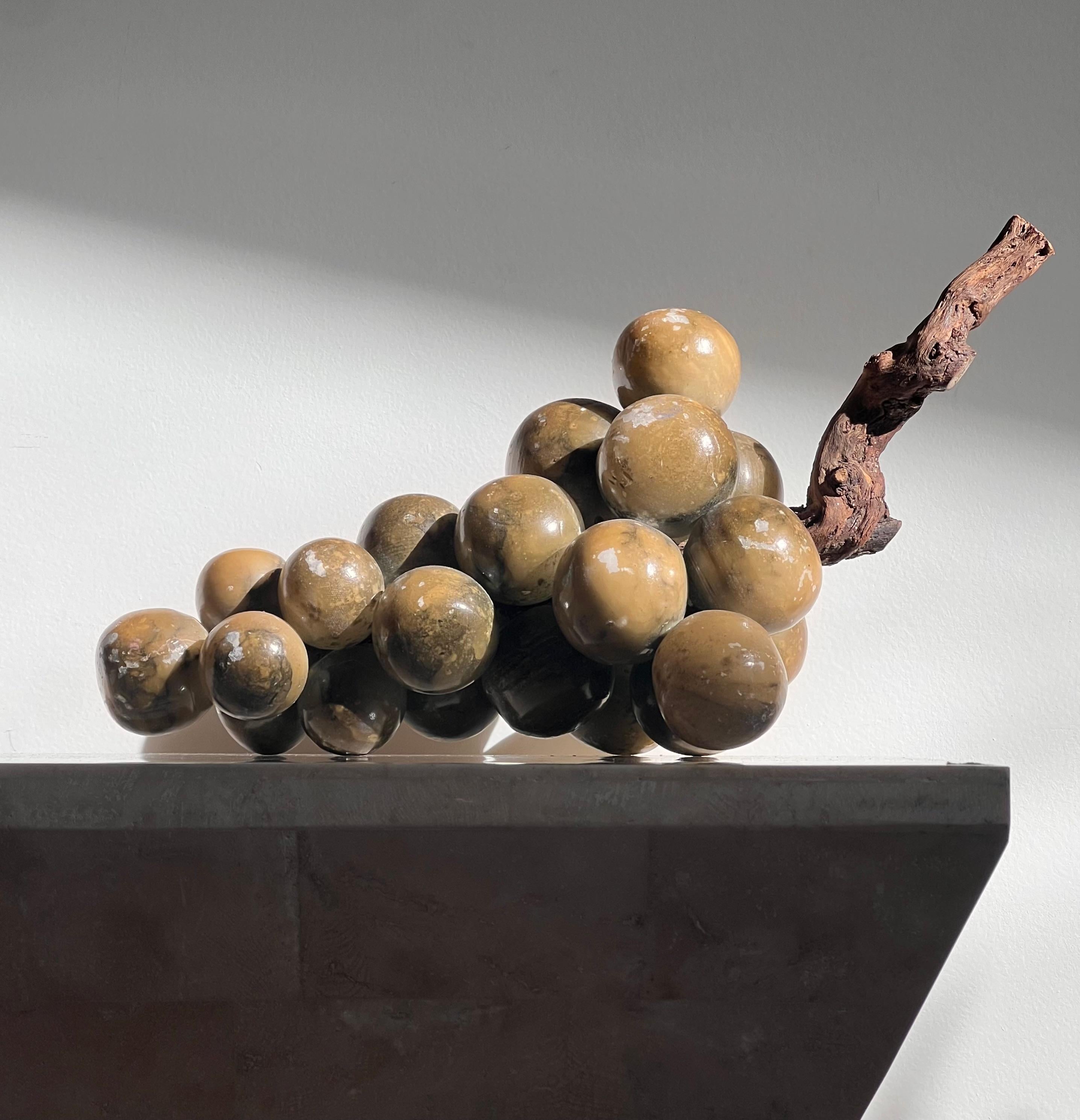 Alabaster A bunch of jumbo vintage Italian marble grapes with raw wood stem, mid 20th c
