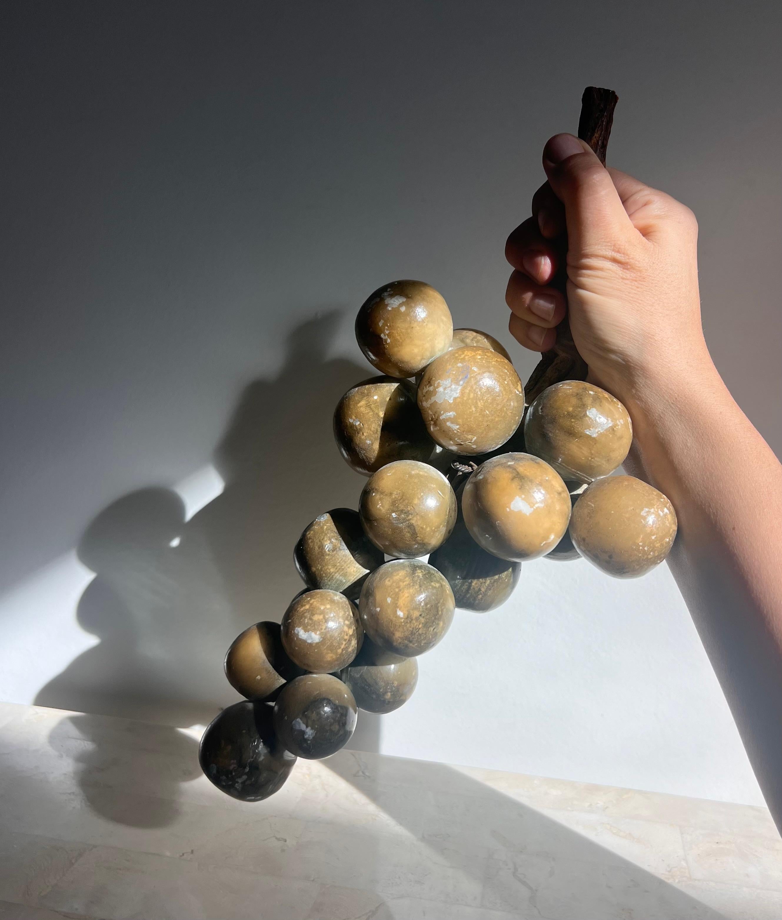A bunch of jumbo vintage Italian marble grapes with raw wood stem, mid 20th c 1