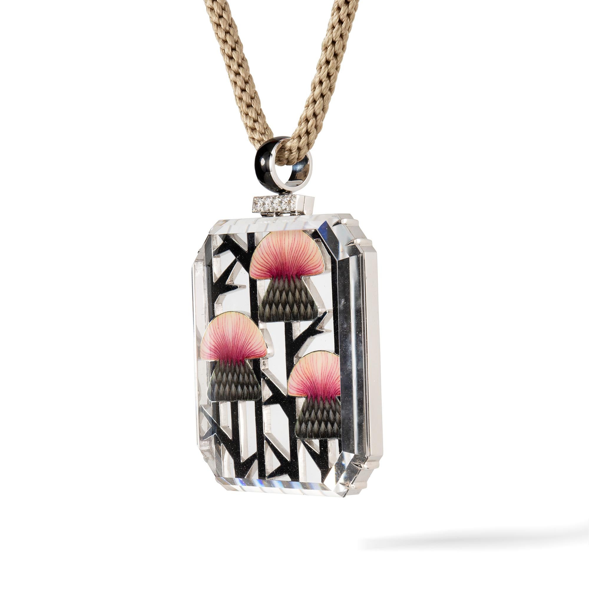 A Burdock pendant by Ilgiz F, the octagonal shape faceted plaque with an openwork enamelled back depicting burdocks, suspended by a diamond-set and black enamelled loop, with woven-silk cord with diamond-set slider and black enamelled finials, made