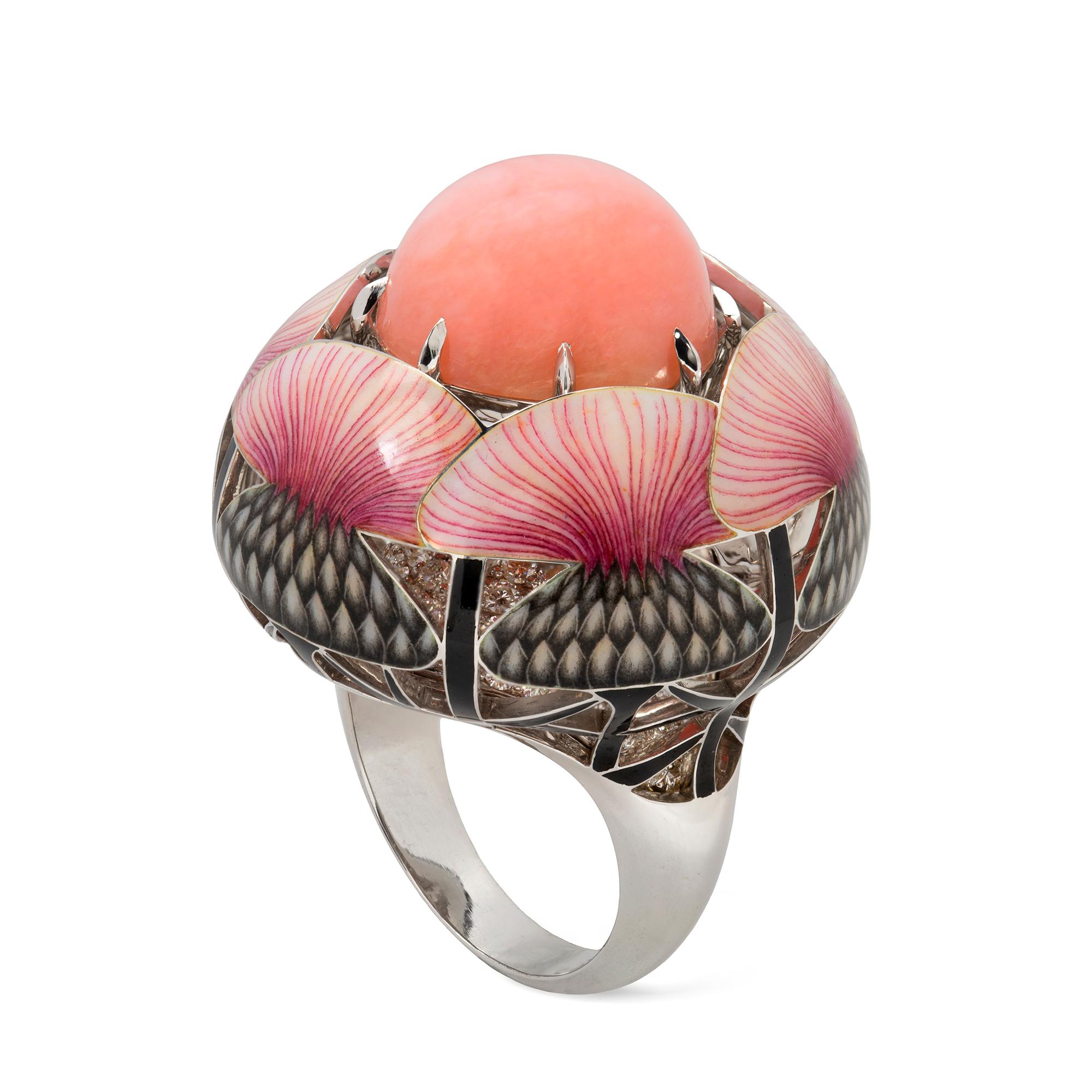 A Burdock pink opal, enamel and diamond ring by Ilgiz F, the round cabochon-cut pink opal surrounded by six fine feu-enameled burdocks of openwork design, to a pave diamond-set back, all mounted in 18ct white gold made by Ilgiz Fazulzyanov,