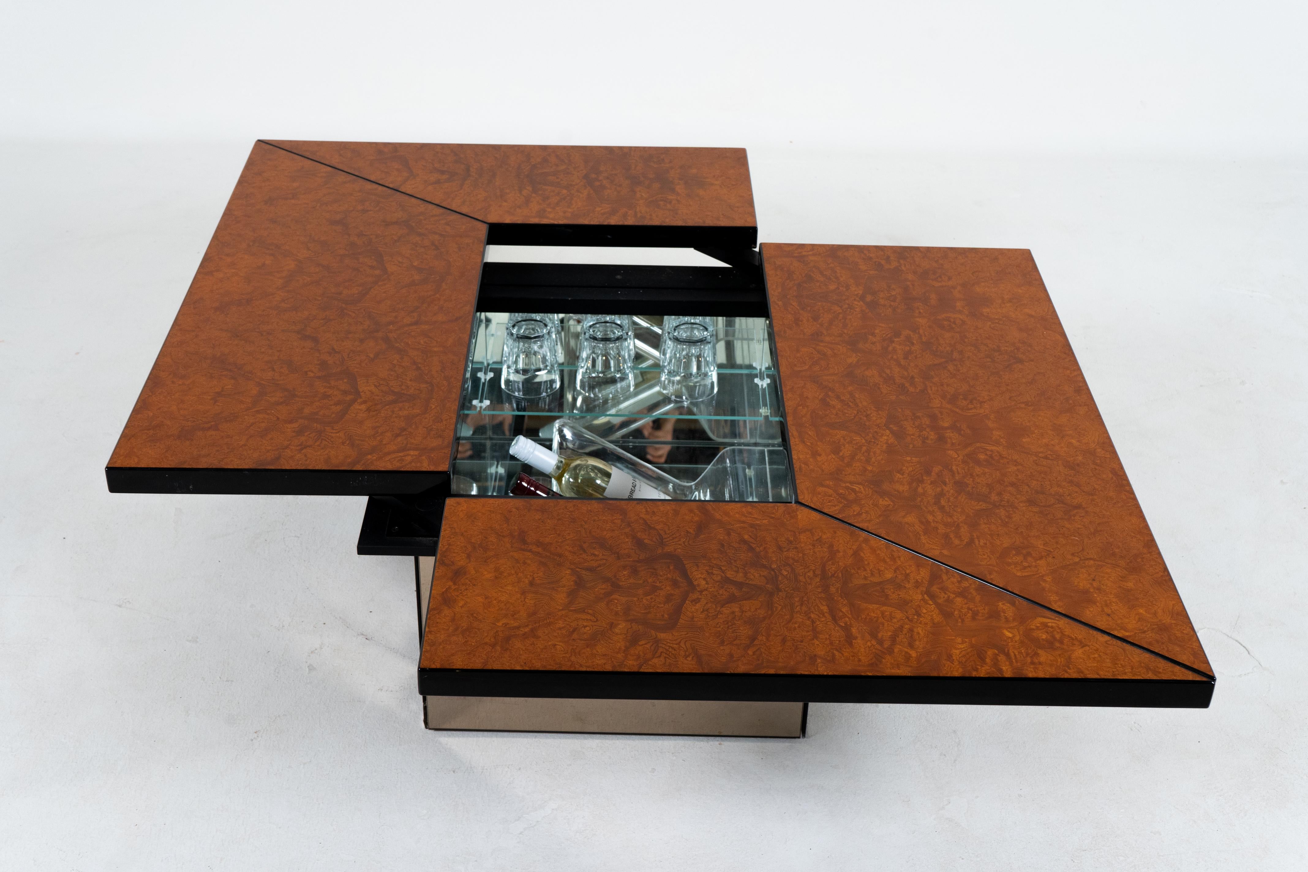 Steel A Burl Wood Sliding Coffee Table or Bar by Paul Michel, Belgium c.1970 For Sale