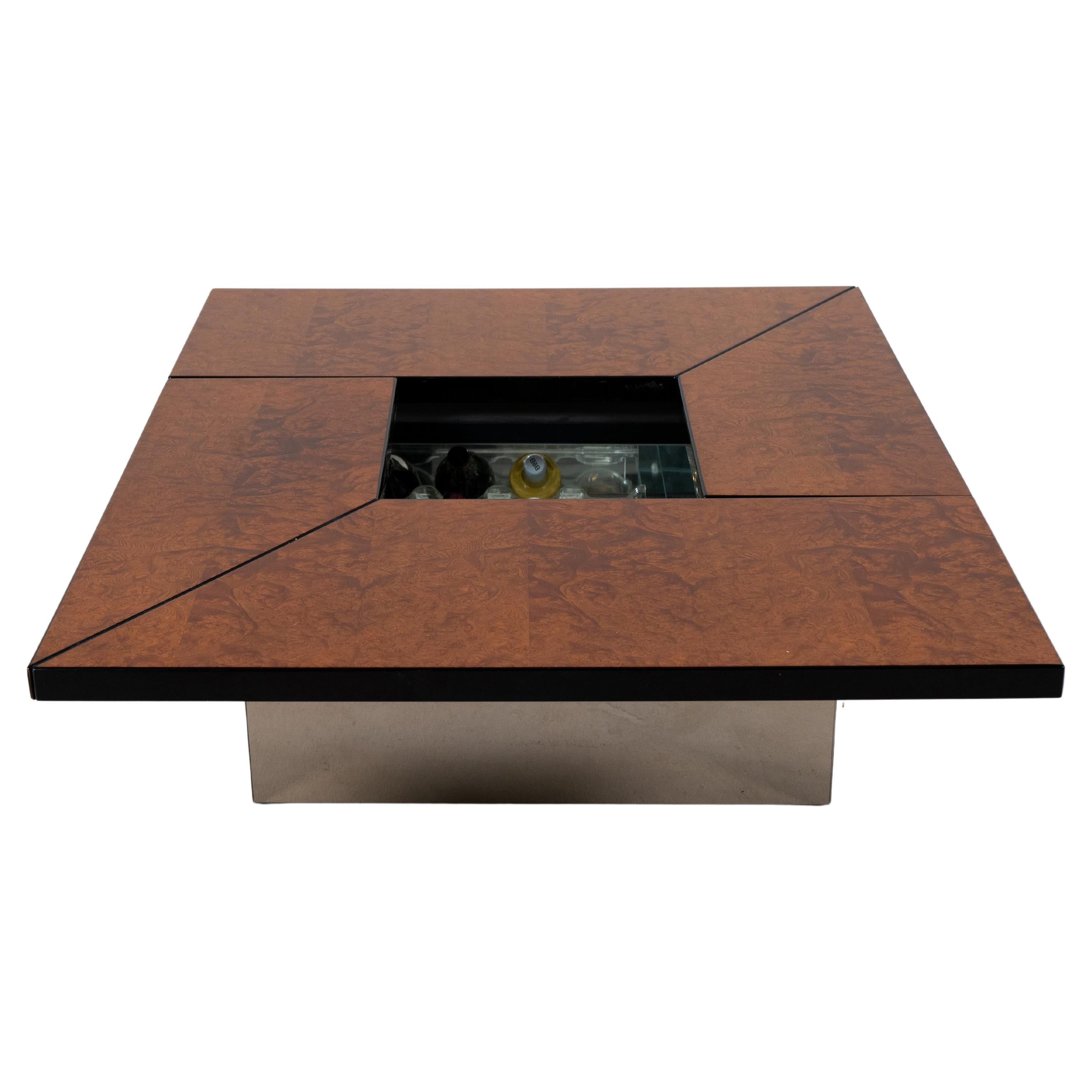 A Burl Wood Sliding Coffee Table or Bar by Paul Michel, Belgium c.1970 For Sale