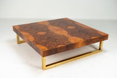A Burl Wood Veneer Square Coffee Table with Brass Legs