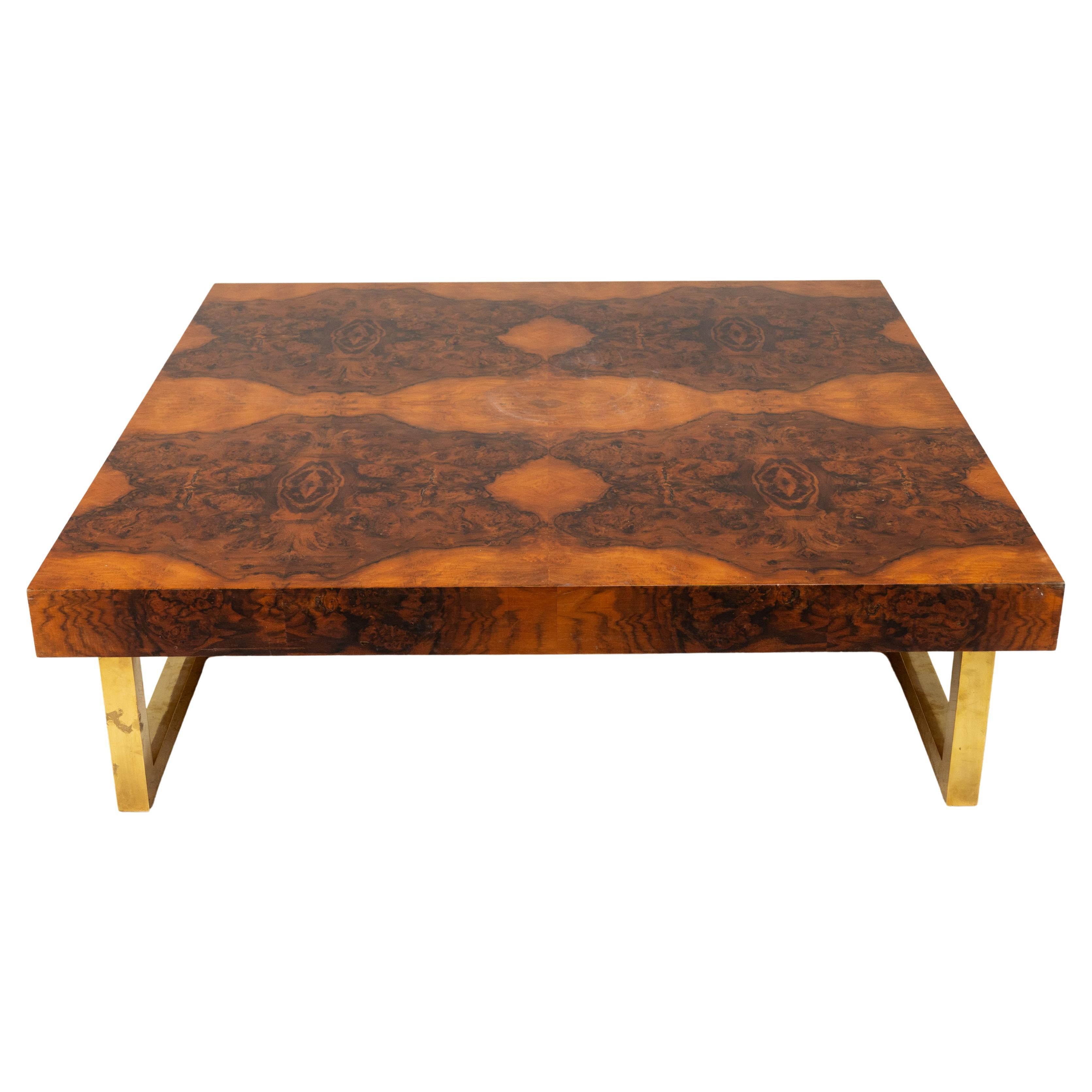 Table basse carrée en placage de bois de ronce avec pieds en laiton